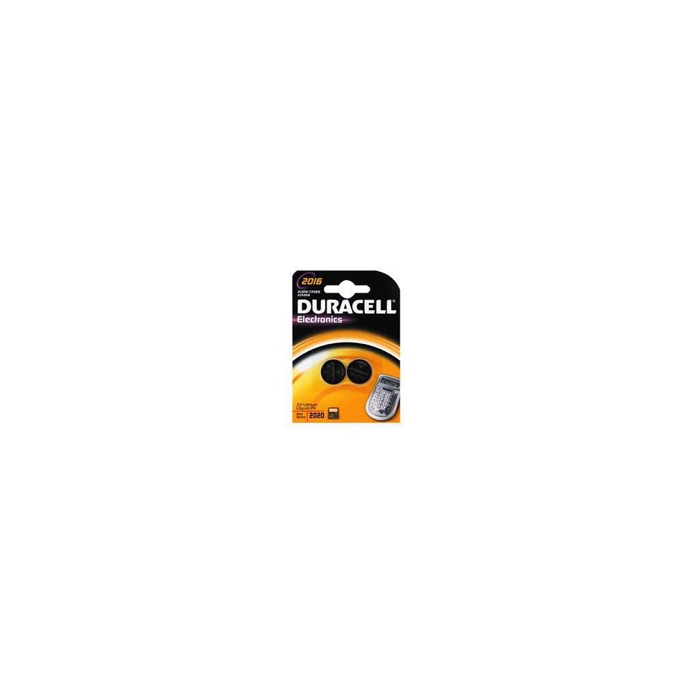 Confezione di due pile a bottone Duracell. Pile nere su sfondo giallo. Confezione nera con nome del prodotto e logo del marchio.