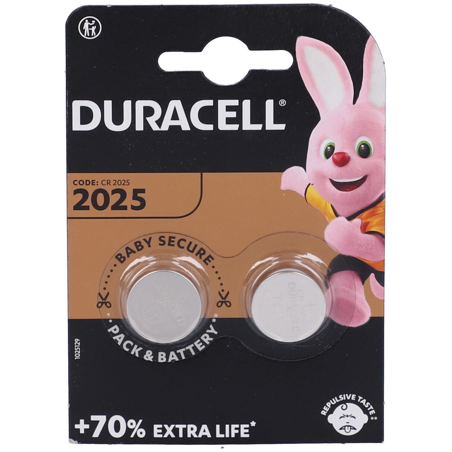 Pile Duracell 2025, due pile a bottone in blister. Confezione con mascotte coniglio rosa e informazioni.