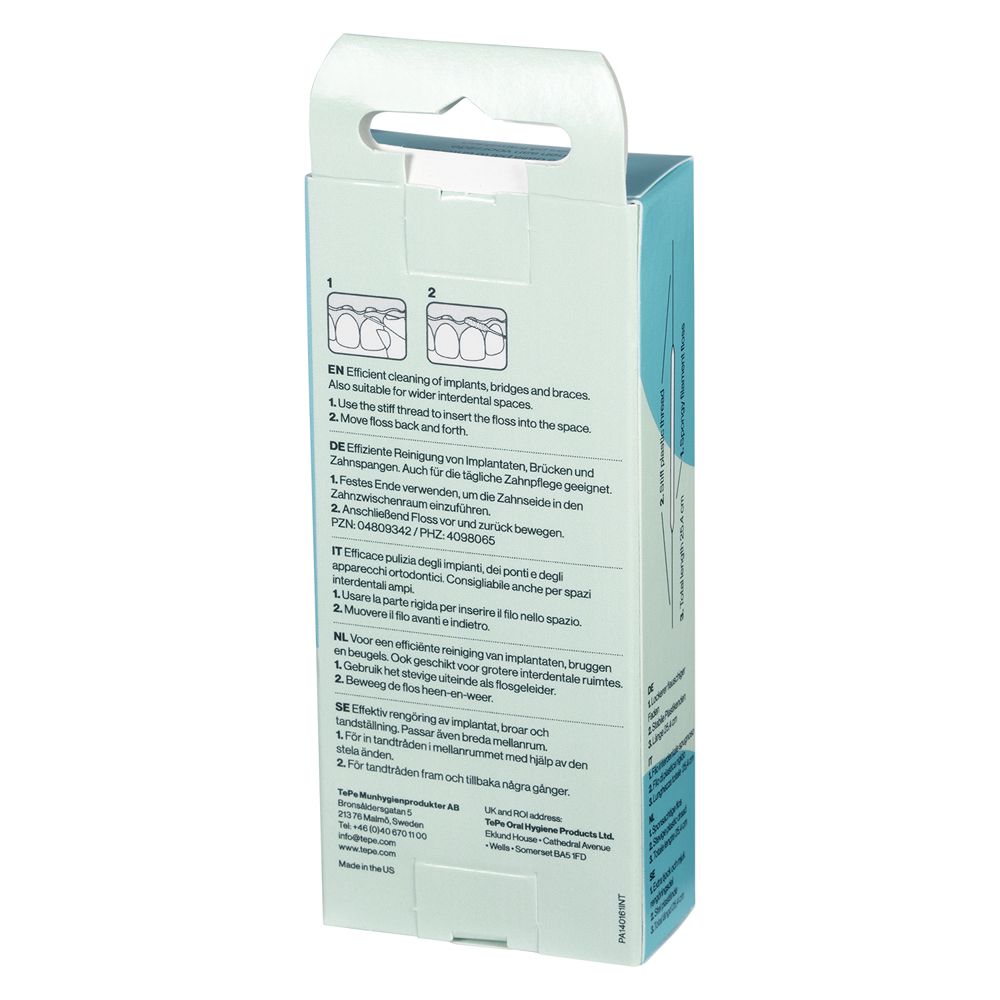 Retro confezione TePe Bridge & Implant Floss. Istruzioni multilingue.