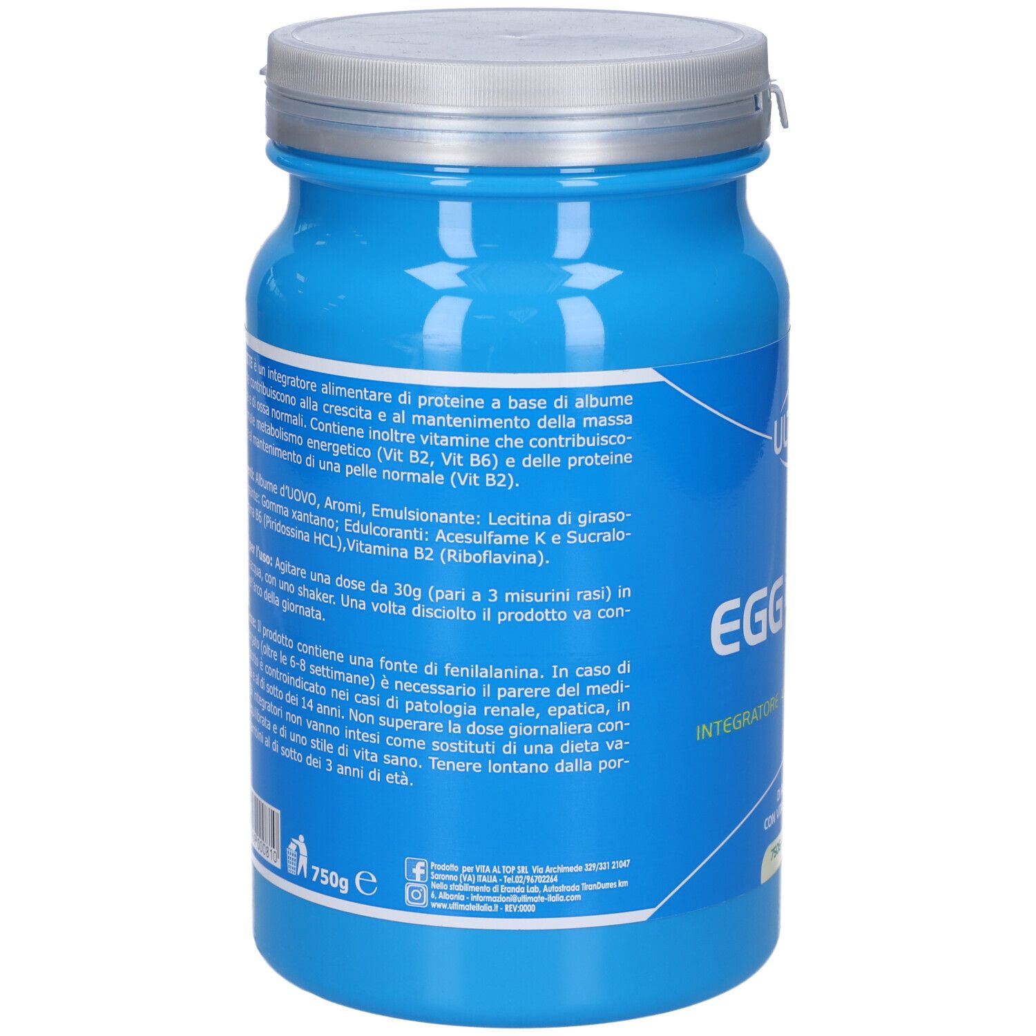 Retro del barattolo blu con coperchio argentato. Testo: Ingredienti, informazioni nutrizionali. 750g.