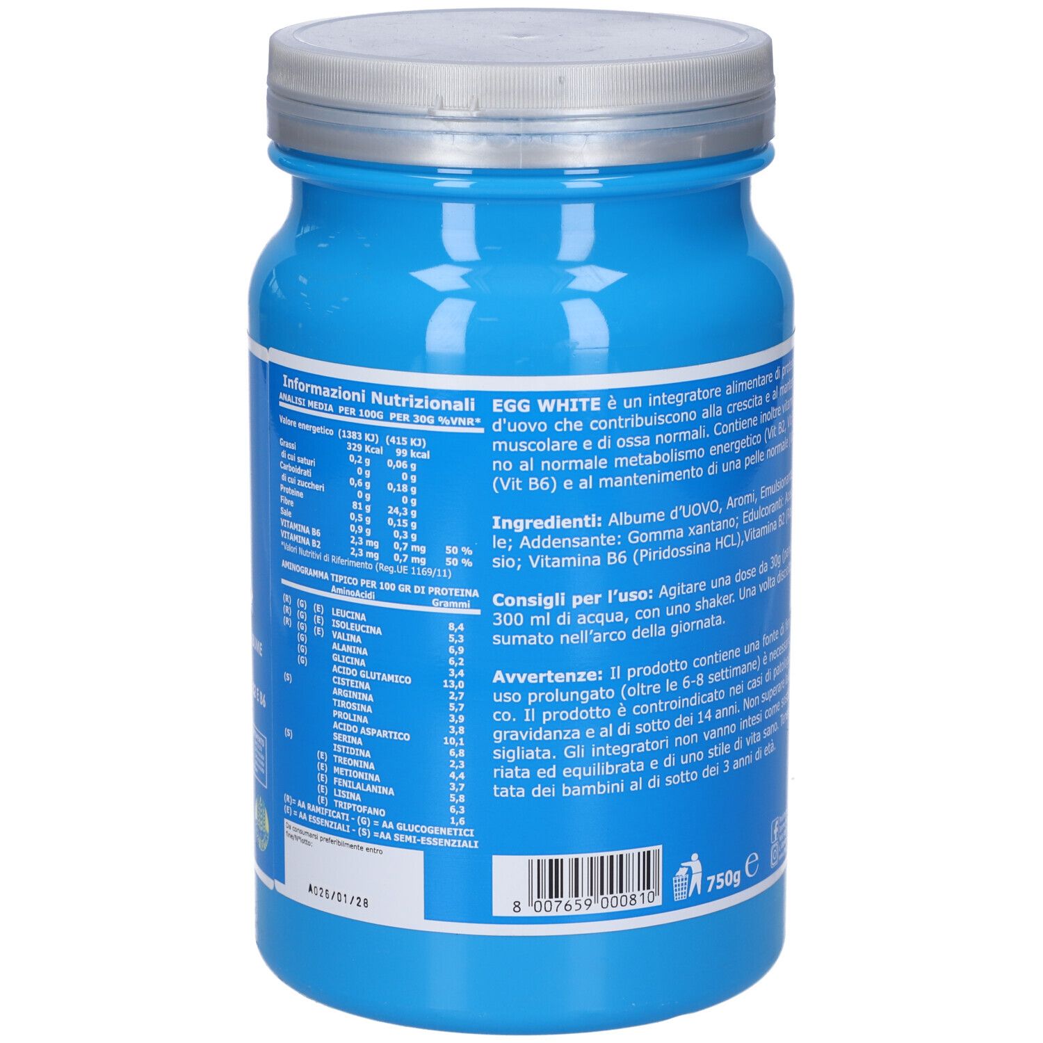 Retro del barattolo blu con coperchio argentato. Testo: Informazioni nutrizionali, istruzioni per l'uso. 750g.