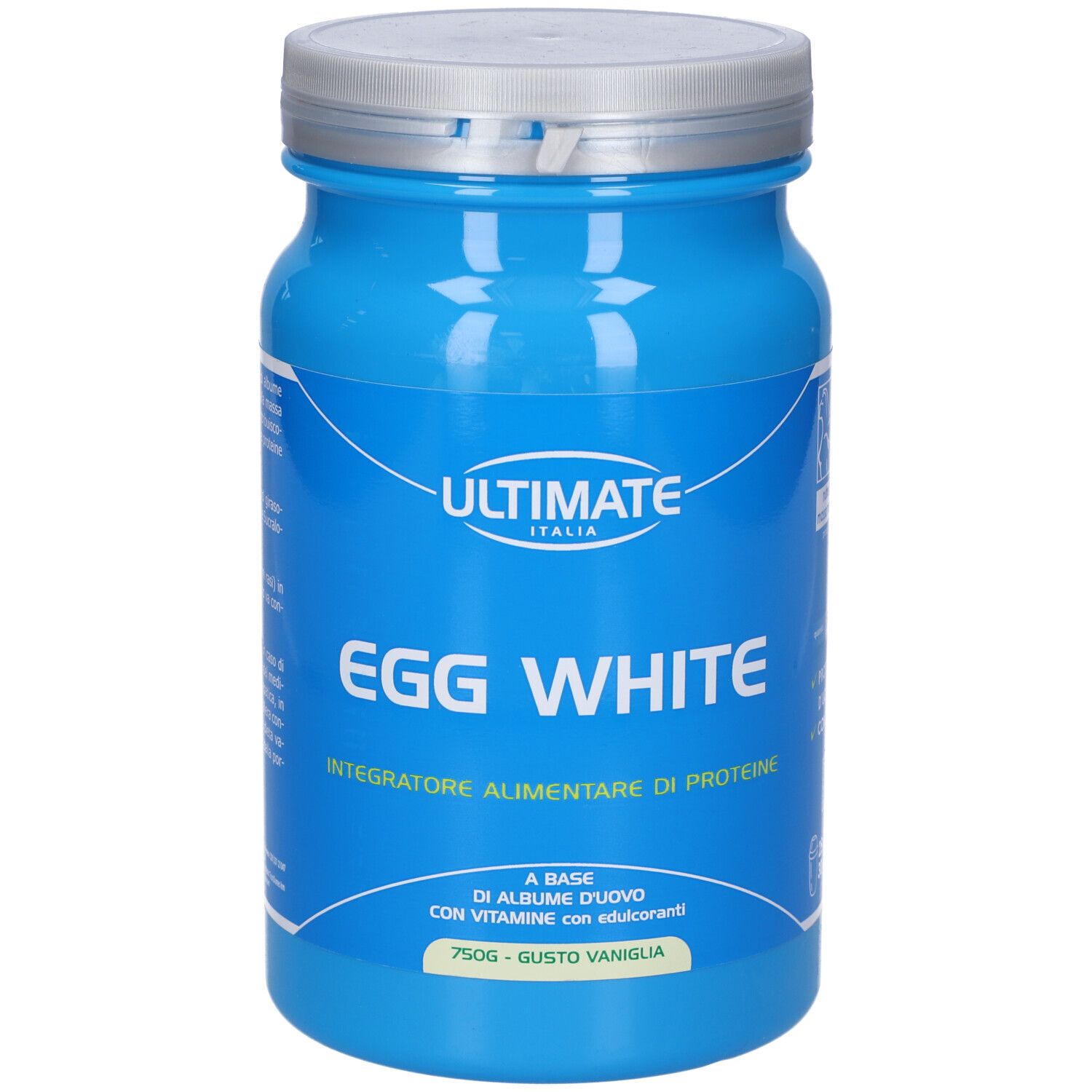 Barattolo blu con coperchio argentato. Scritta: Ultimate, Egg White, Integratore Alimentare di Proteine. 750g, Gusto Vaniglia. 25x30g.