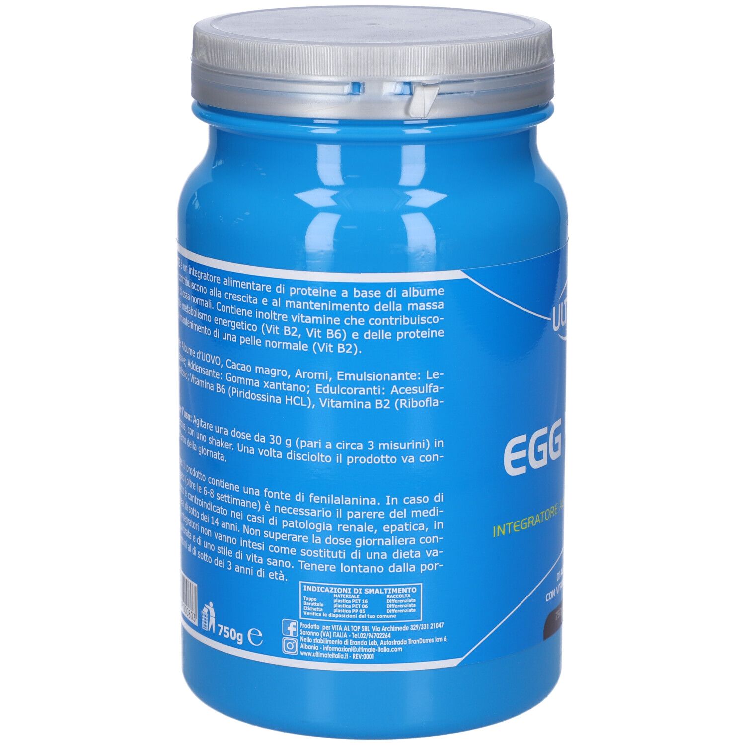 Retro del barattolo blu. Testo: EGG WHITE, Integratore Alimentare di Proteine. Ingredienti, informazioni nutrizionali, avvertenze e informazioni produttore.