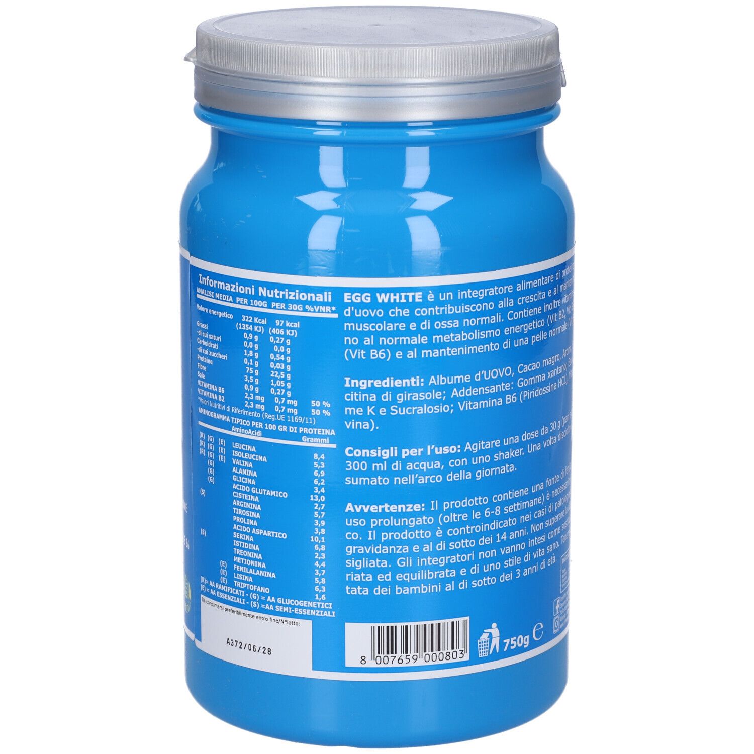 Retro del barattolo blu. Testo: EGG WHITE, Integratore Alimentare di Proteine. Informazioni nutrizionali, ingredienti, consigli per l'uso e avvertenze.