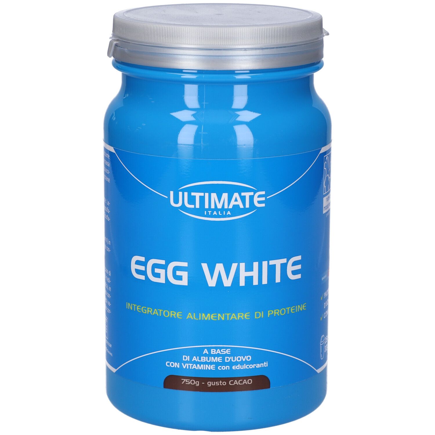 Barattolo blu con coperchio argentato. Scritta: ULTIMATE, EGG WHITE, Integratore Alimentare di Proteine. 750g - gusto cacao. Con logo.