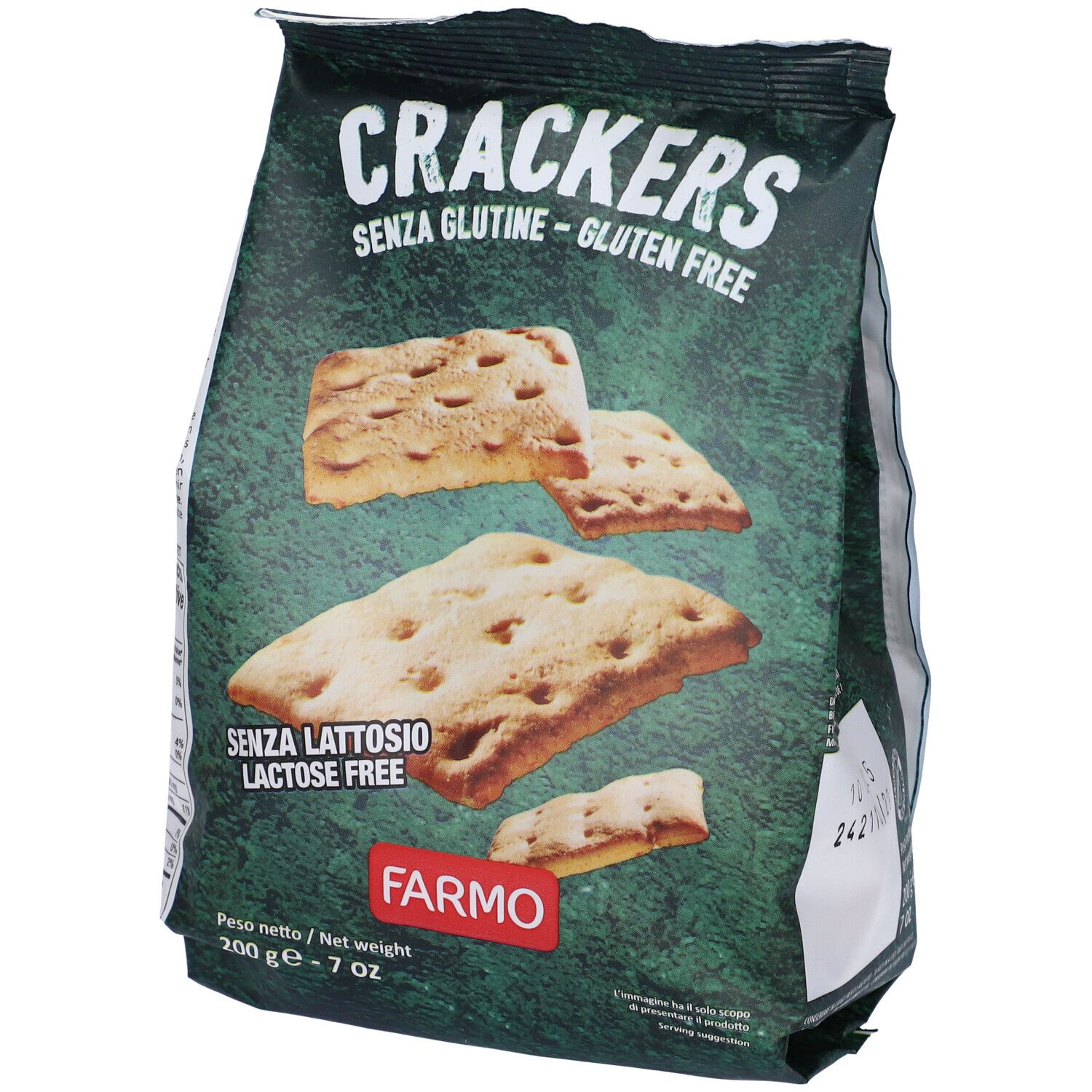 Confezione di cracker senza glutine e senza lattosio. Marchio Farmo. Cracker visibili. Scritta: Crackers, senza glutine, senza lattosio.