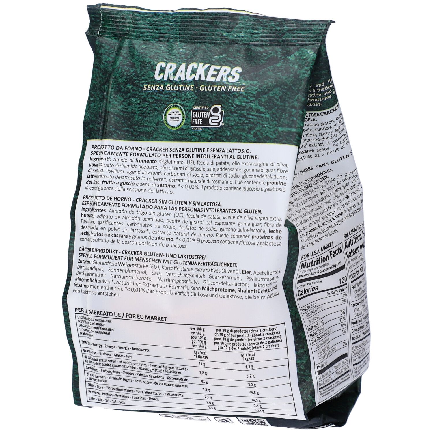 Confezione di cracker senza glutine e senza lattosio. Marchio Farmo. Retro con informazioni nutrizionali. Scritta: Crackers, senza glutine, senza lattosio.