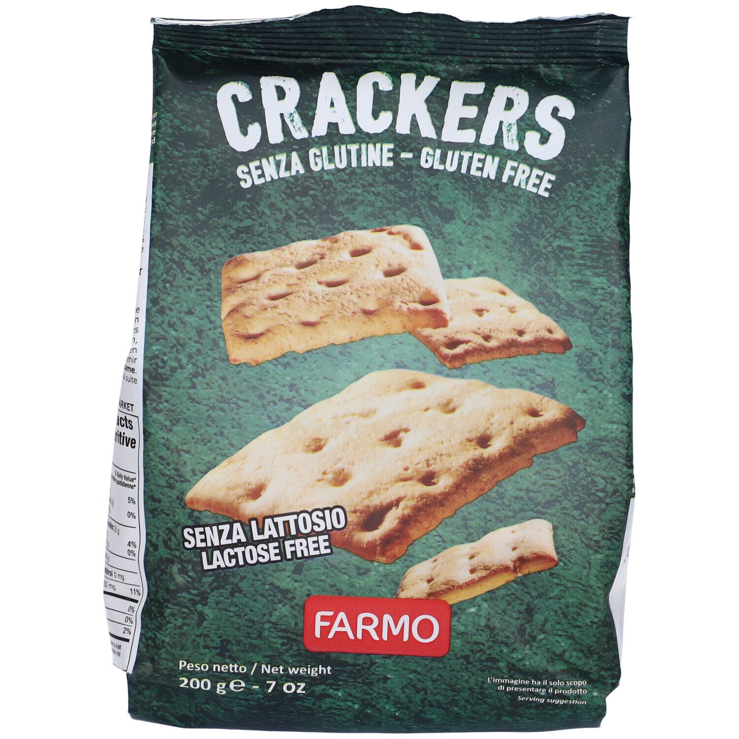 Confezione di cracker senza glutine e senza lattosio. Marchio Farmo. Cracker visibili. Scritta: Crackers, senza glutine, senza lattosio.