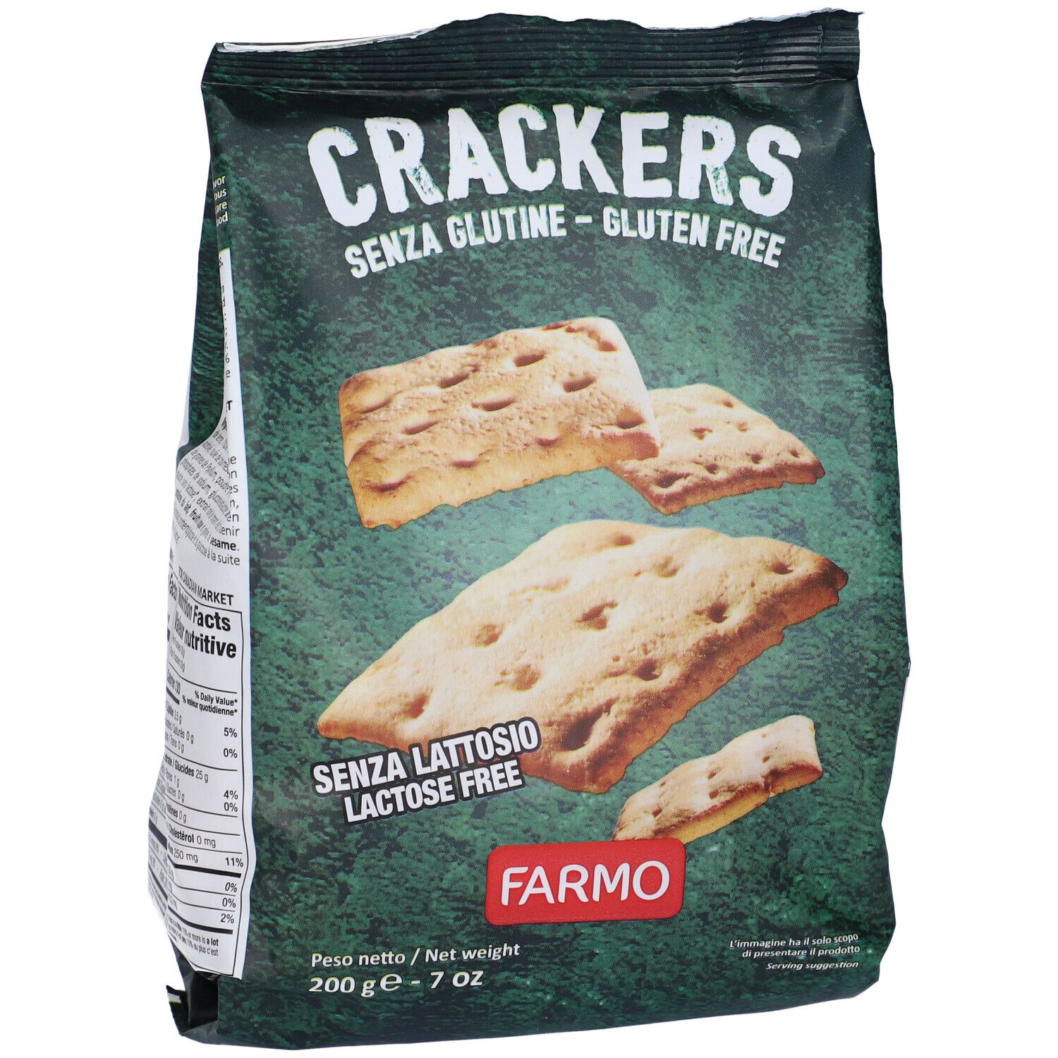 Confezione di cracker senza glutine e senza lattosio. Marchio Farmo. Cracker visibili. Scritta: Crackers, senza glutine, senza lattosio.
