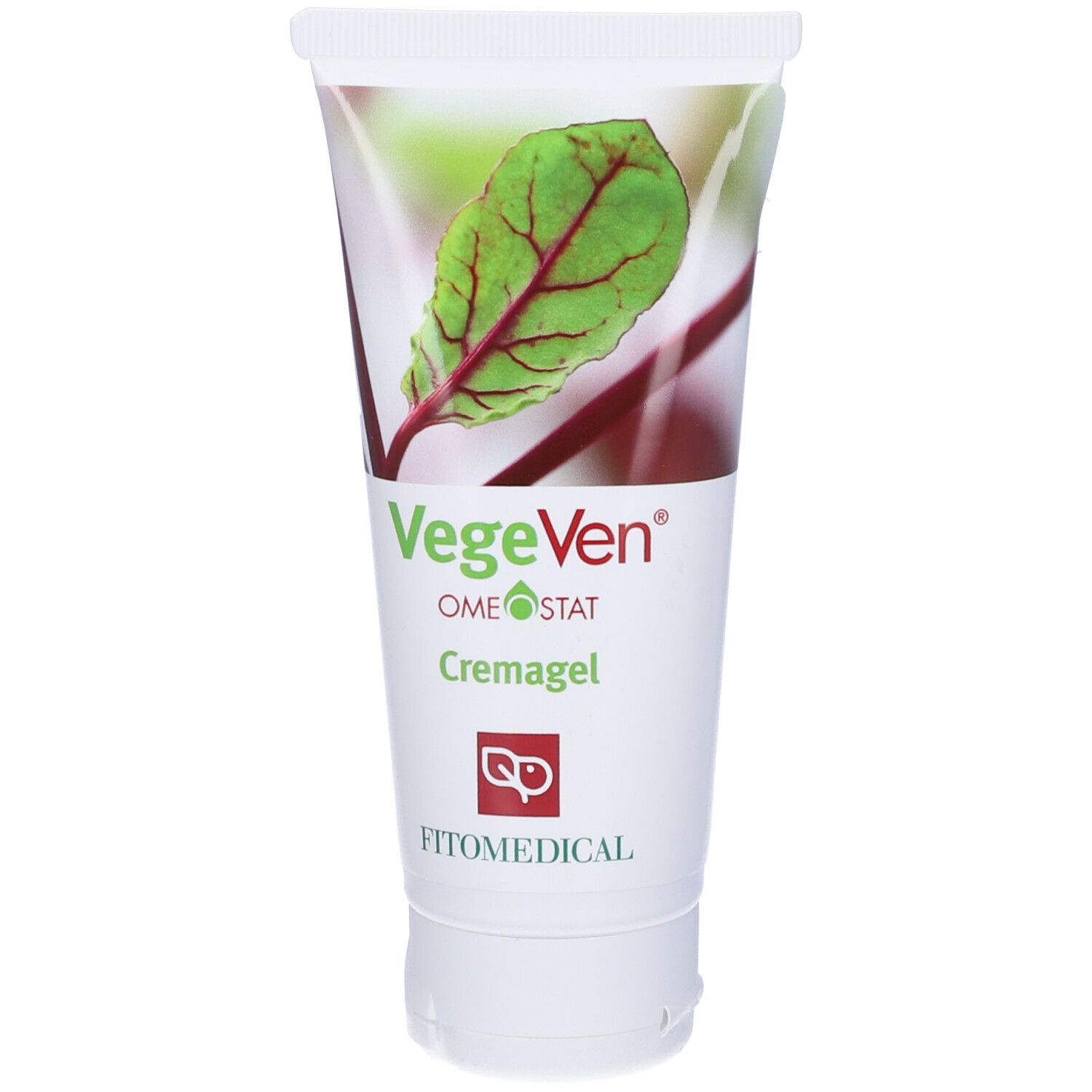Tubo di Cremagel. Scritta: VegeVen, Cremagel. Logo: FitoMedical. Illustrazione: foglia con venature rosse.