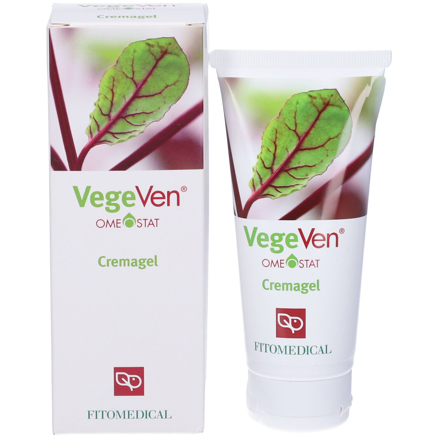 Tubo e confezione di Cremagel. Scritta: VegeVen, Cremagel. Logo: FitoMedical. Illustrazione: foglia con venature rosse.