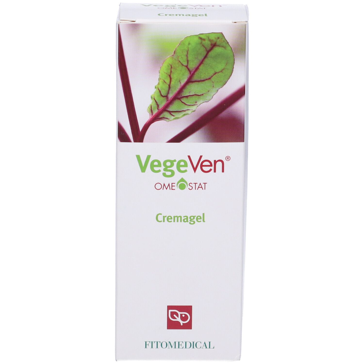 Confezione. Scritta: VegeVen, Cremagel. Logo: FitoMedical. Illustrazione: foglia con venature rosse.