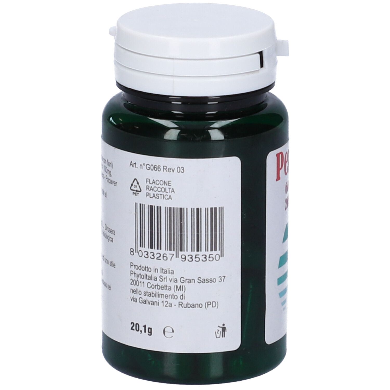 Retro del flacone verde con tappo bianco. Codice a barre e informazioni prodotto. Peso: 20,1g.