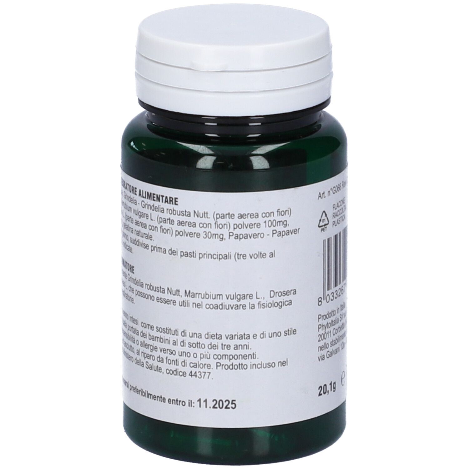 Retro del flacone verde con tappo bianco. Informazioni sul prodotto e ingredienti. Peso: 20,1g.