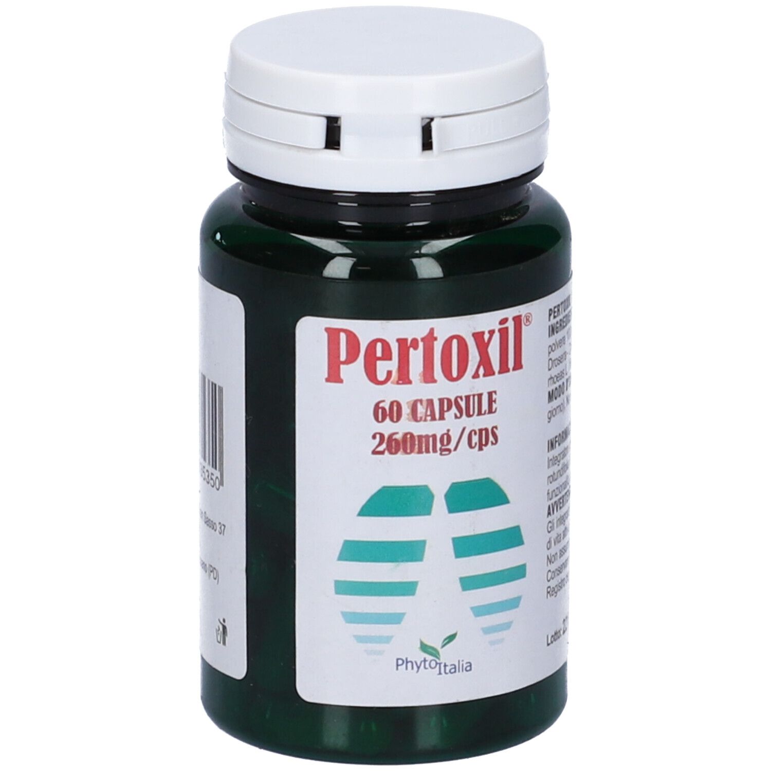 Flacone verde con tappo bianco. Scritta: Pertoxil, 60 capsule, 260mg/cps. Immagine di polmoni.