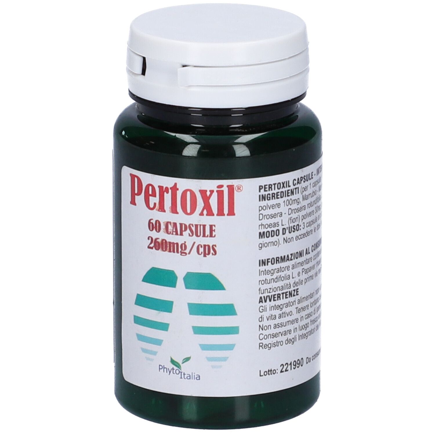 Flacone verde con tappo bianco. Scritta: Pertoxil, 60 capsule, 260mg/cps. Immagine di polmoni.
