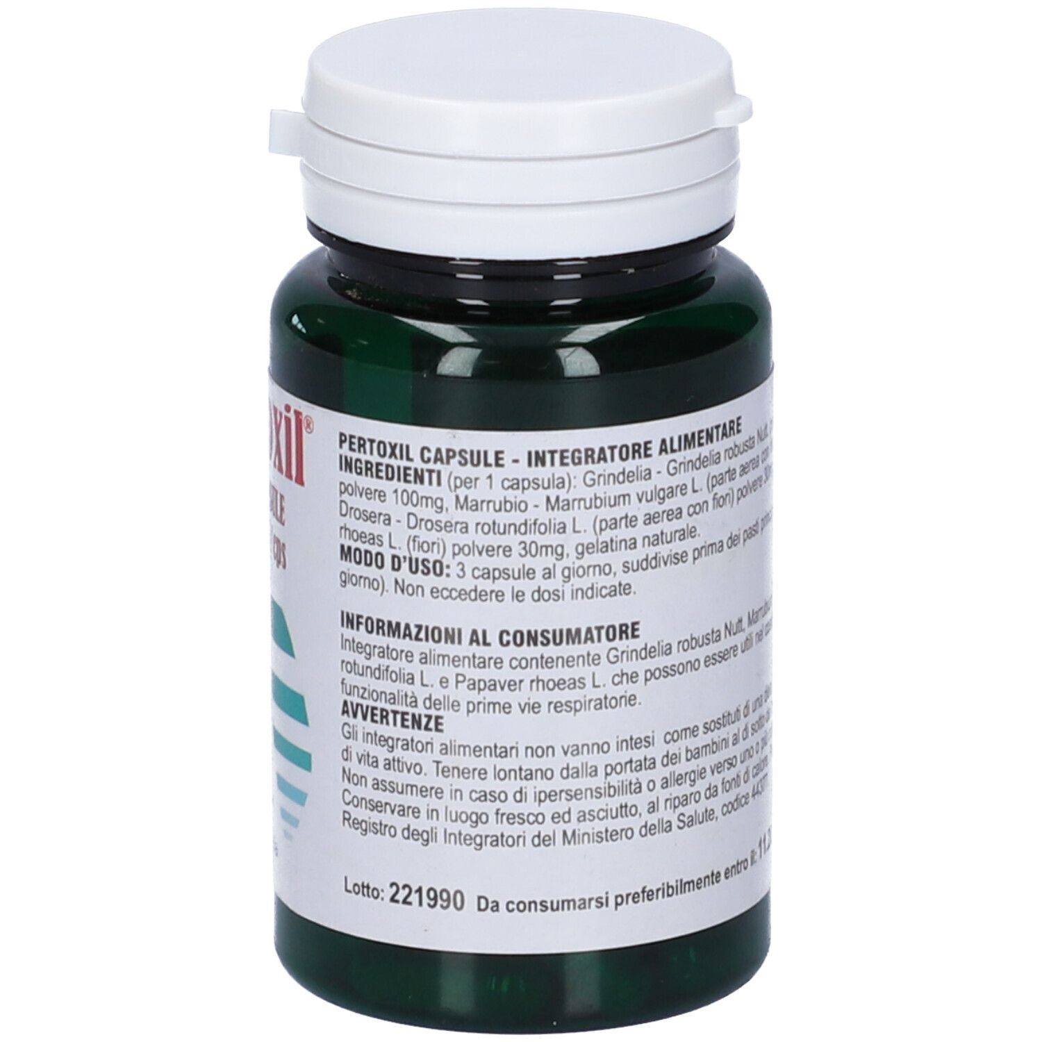 Retro del flacone verde con tappo bianco. Informazioni sul prodotto e ingredienti. Numero di lotto.