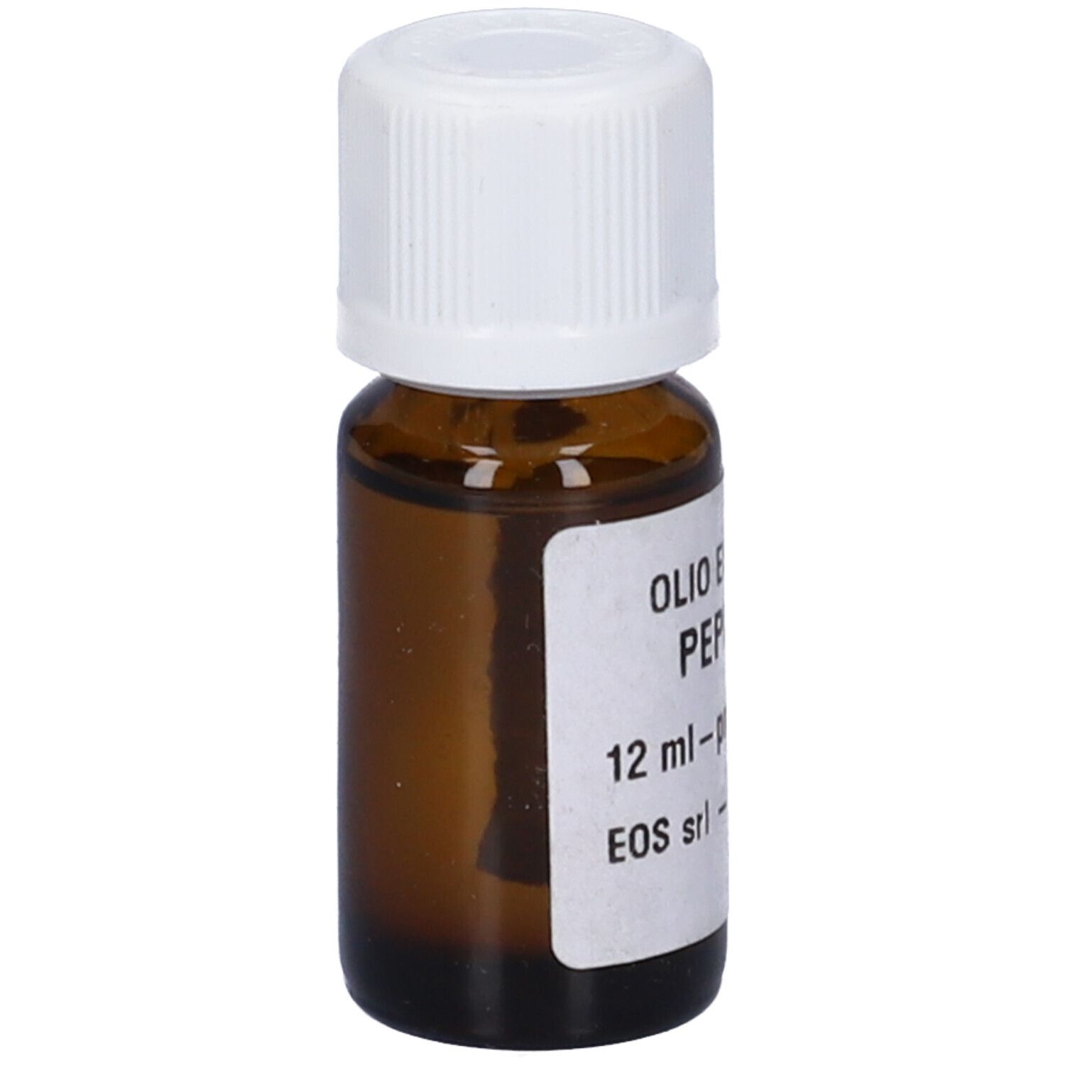 Flacone di vetro marrone con tappo bianco. Etichetta con testo: Olio Essenziale Pepe Nero, 12 ml.