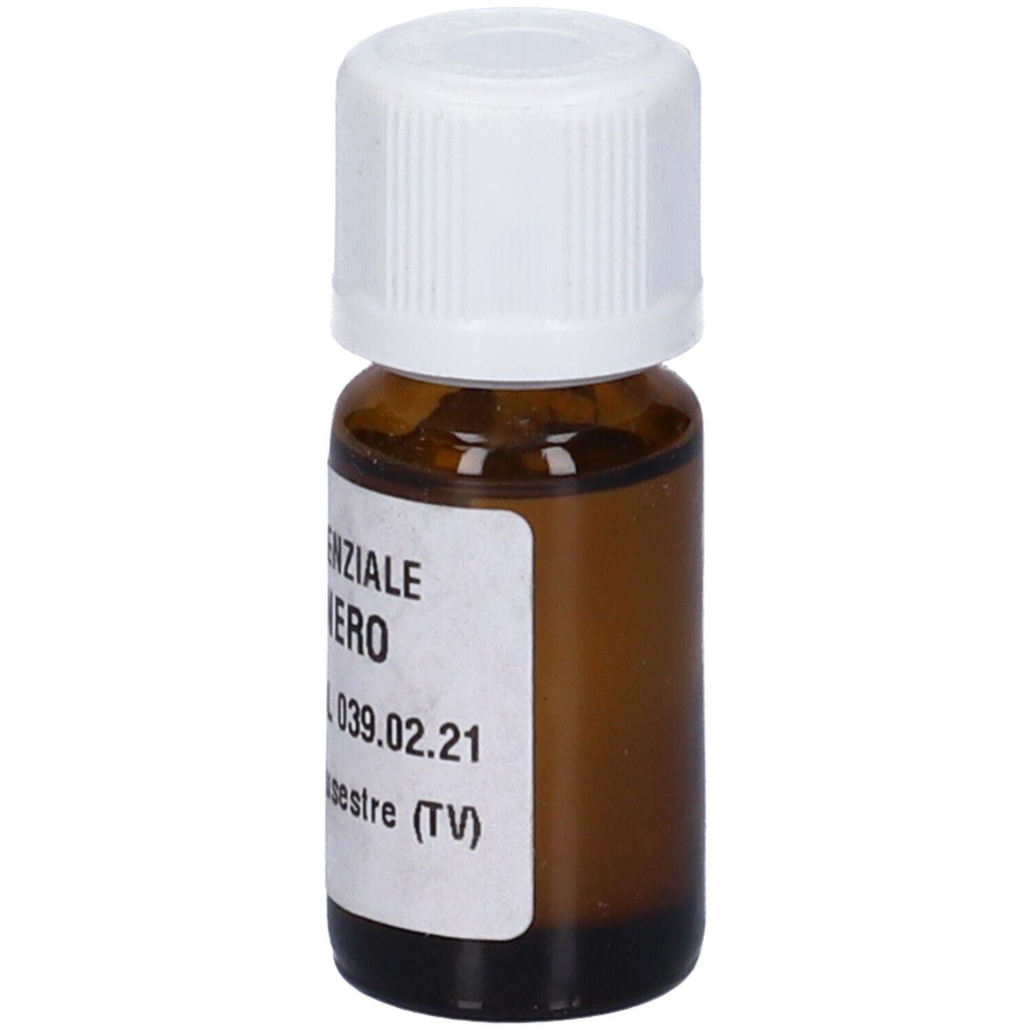 Flacone di vetro marrone con tappo bianco. Etichetta con testo: Olio Essenziale Pepe Nero, 12 ml.