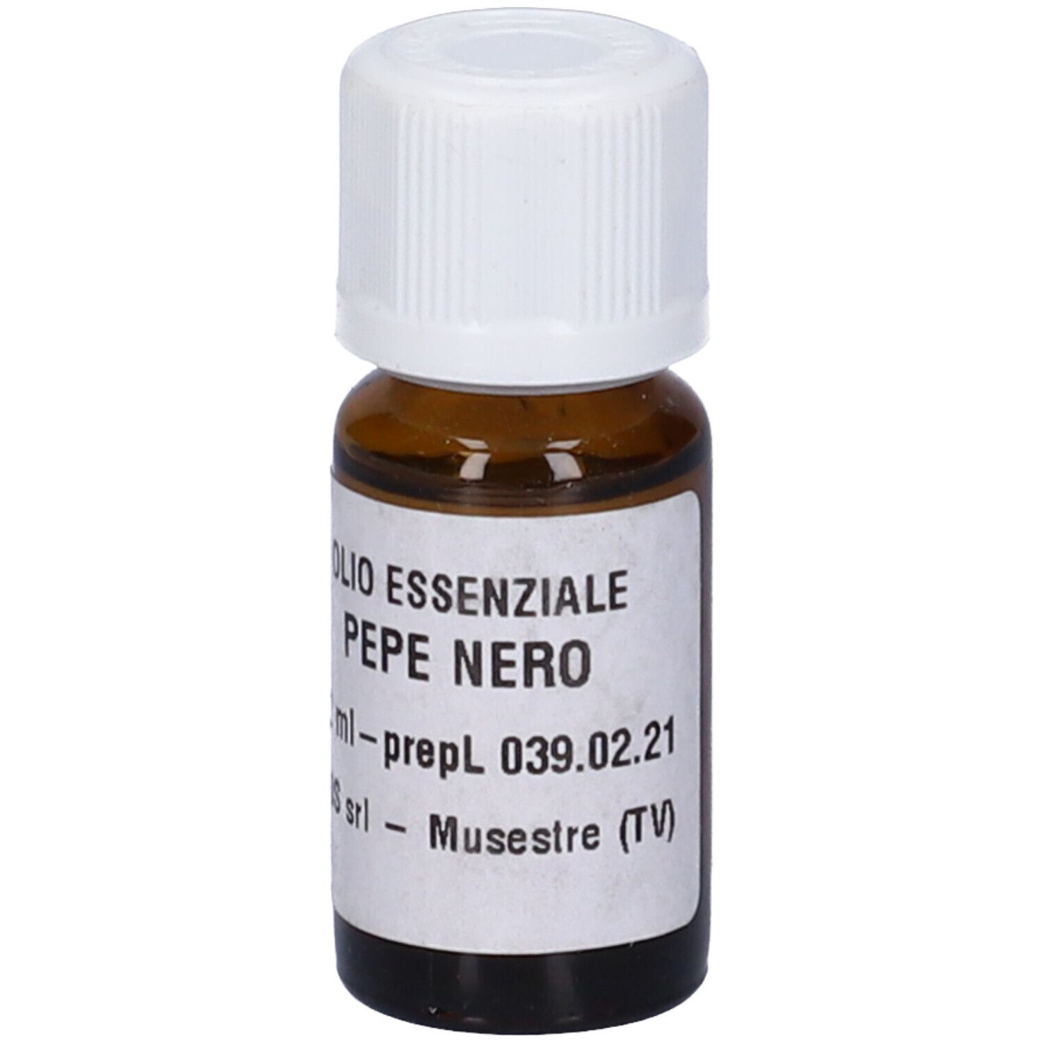 Flacone di vetro marrone con tappo bianco. Etichetta con testo: Olio Essenziale Pepe Nero, 12 ml.