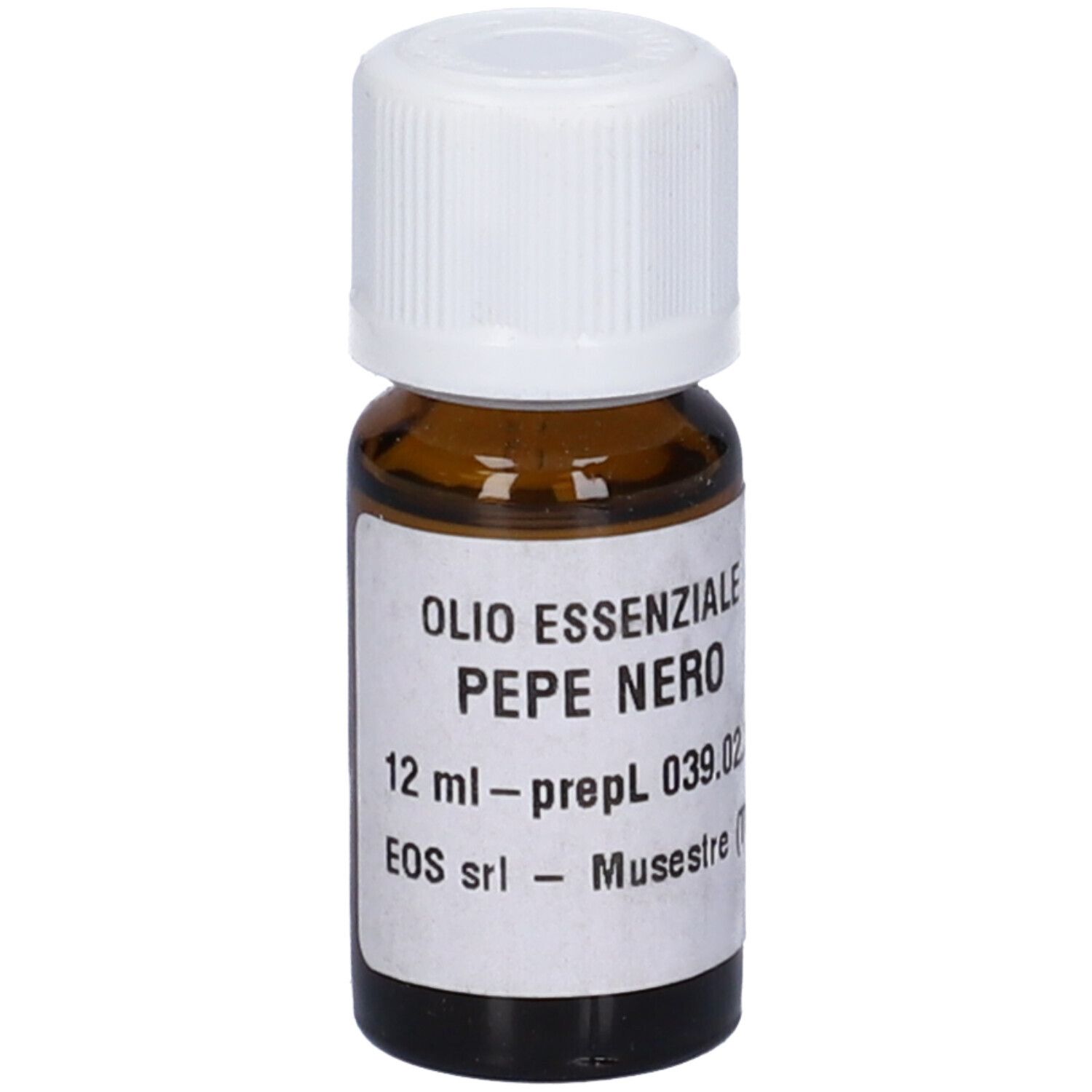 Flacone di vetro marrone con tappo bianco. Etichetta con testo: Olio Essenziale Pepe Nero, 12 ml.