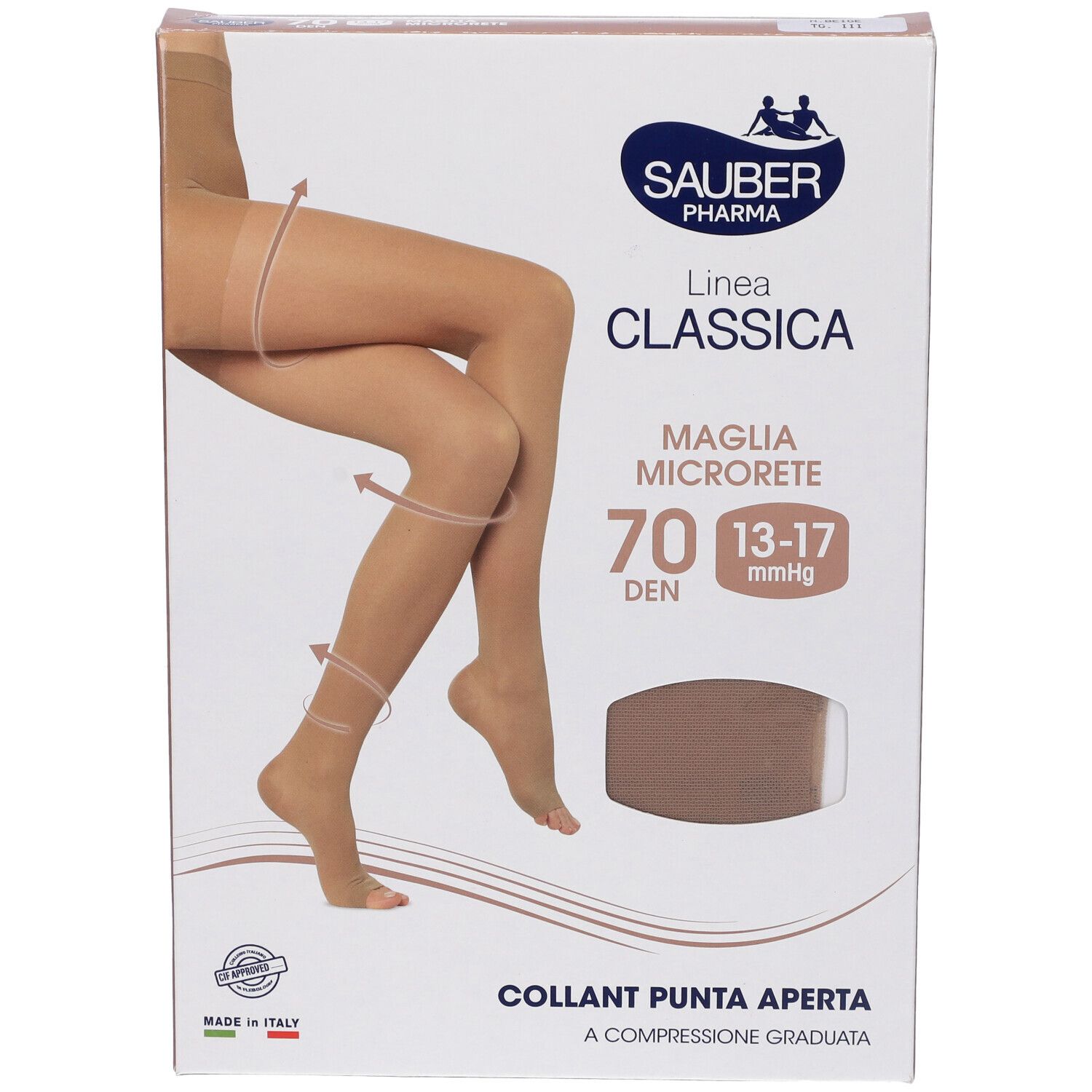 Confezione collant Sauber Pharma, modello Collant Punta Aperta, 70 den, colore beige. Immagine di donna con collant.