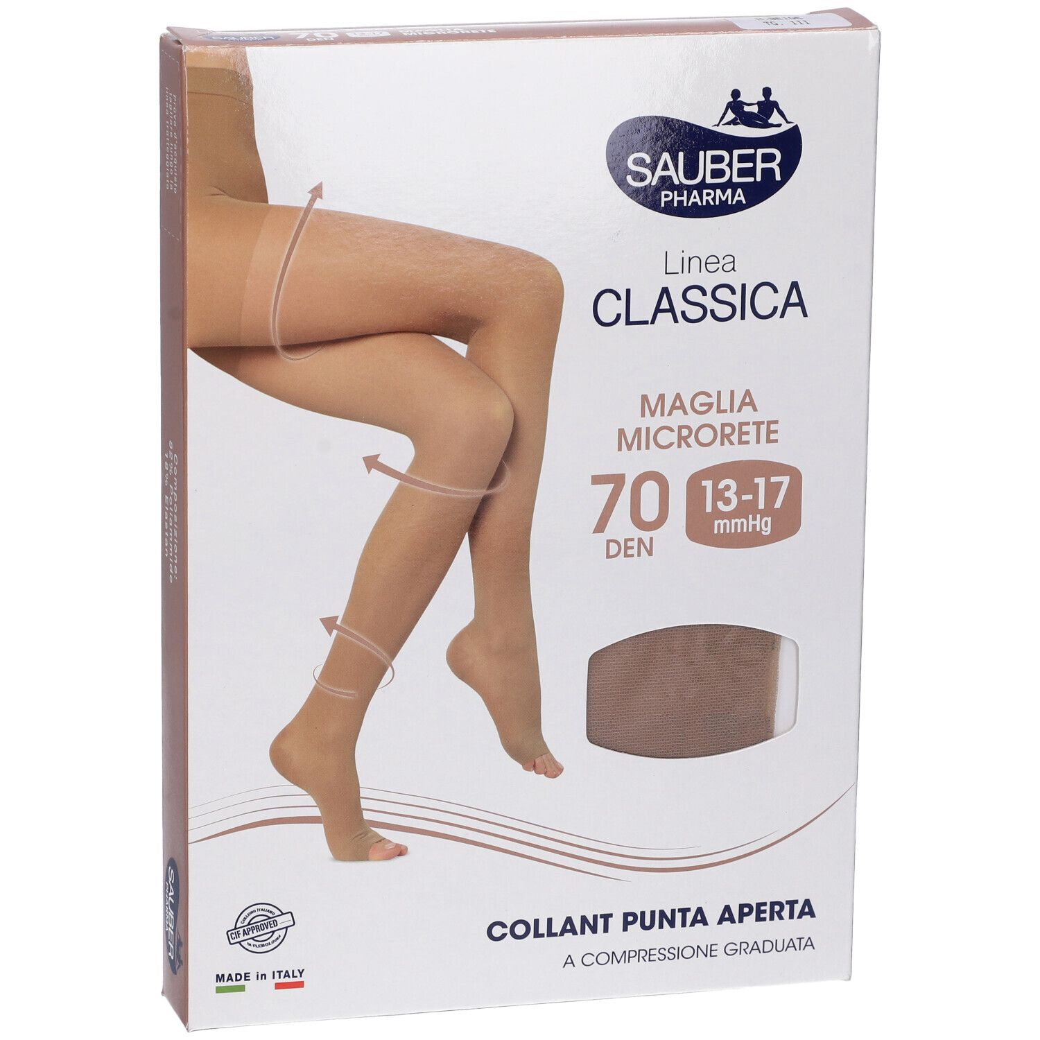 Confezione collant Sauber Pharma, modello Collant Punta Aperta, 70 den, colore beige. Immagine di donna con collant.