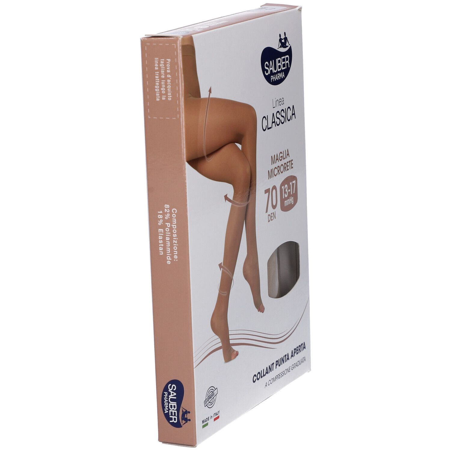 Vista laterale della confezione collant Sauber Pharma, modello Collant Open Toe Maglia Microrete 70 Den, Beige. Linea Classica. Punta aperta.