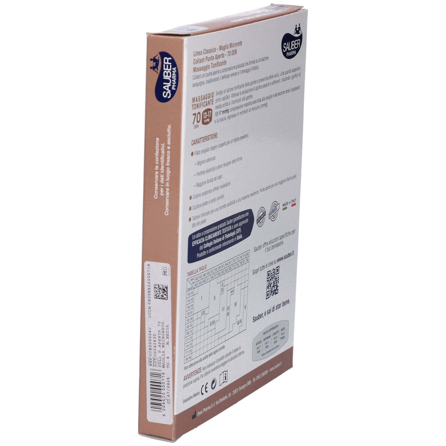 Vista laterale della confezione. Sauber Pharma. Informazioni prodotto: Collant Open Toe Maglia Microrete 70 Den, Beige. Linea Classica. Punta aperta.