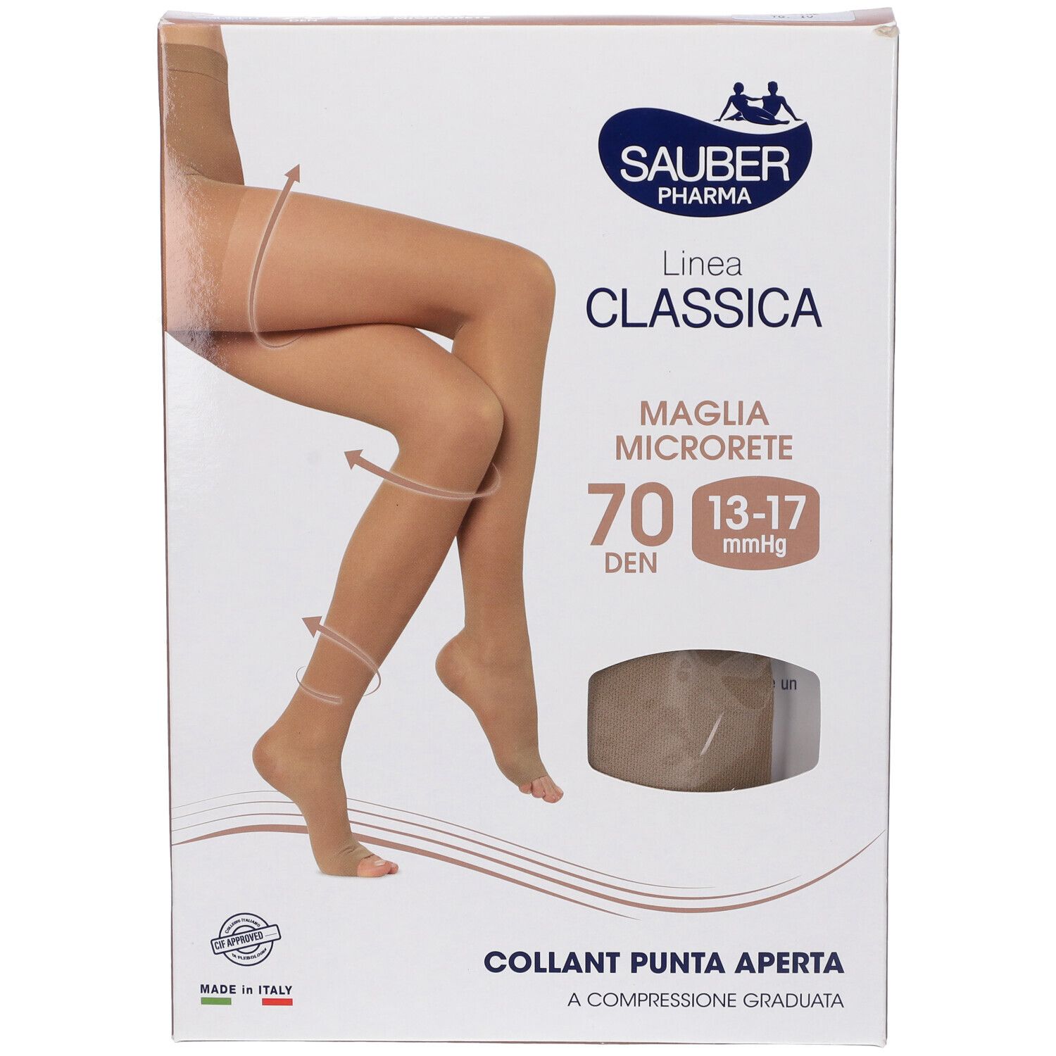 Confezione collant Sauber Pharma, modello Collant Open Toe Maglia Microrete 70 Den, colore Beige. Linea Classica. Punta aperta.