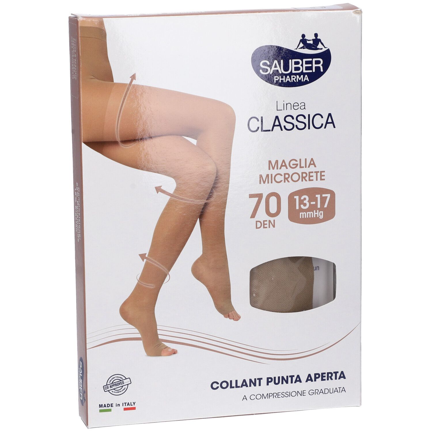 Confezione collant Sauber Pharma, modello Collant Open Toe Maglia Microrete 70 Den, colore Beige. Linea Classica. Punta aperta.