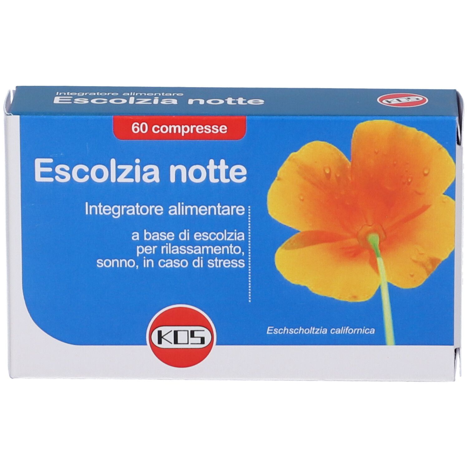 Confezione KOS Escolzia Notte, 60 compresse, con illustrazione di fiore.