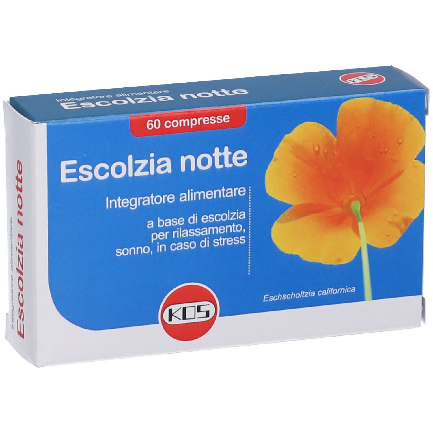 Confezione KOS Escolzia Notte, 60 compresse, con illustrazione di fiore.