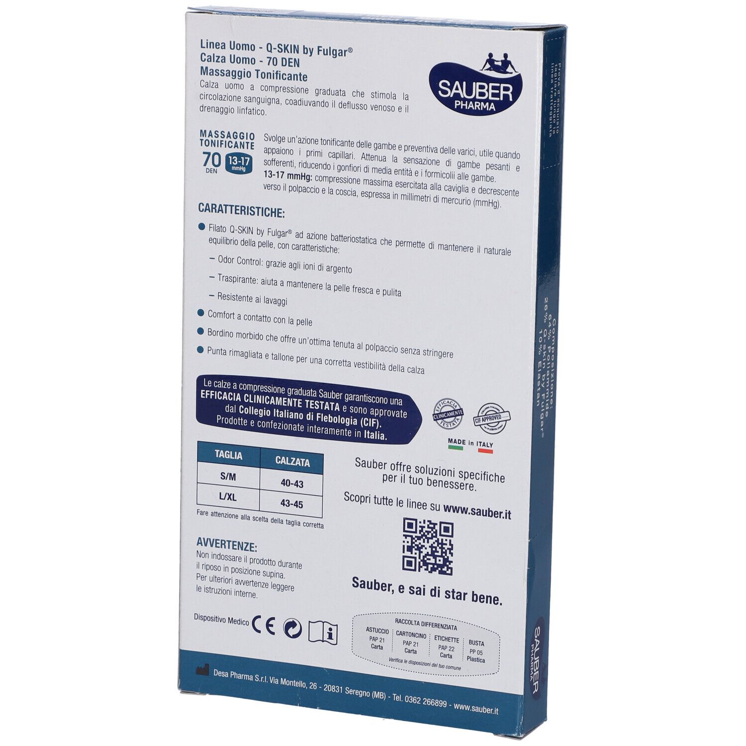 Retro della confezione con informazioni sulle calze a compressione. Marchio Sauber Pharma. Taglie e codice QR.
