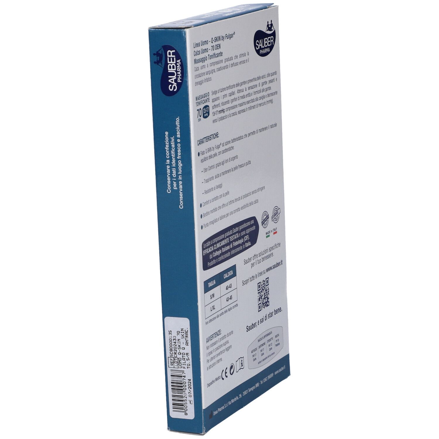 Vista laterale della confezione con informazioni sulle calze a compressione. Marchio Sauber Pharma. Taglie e codice QR.