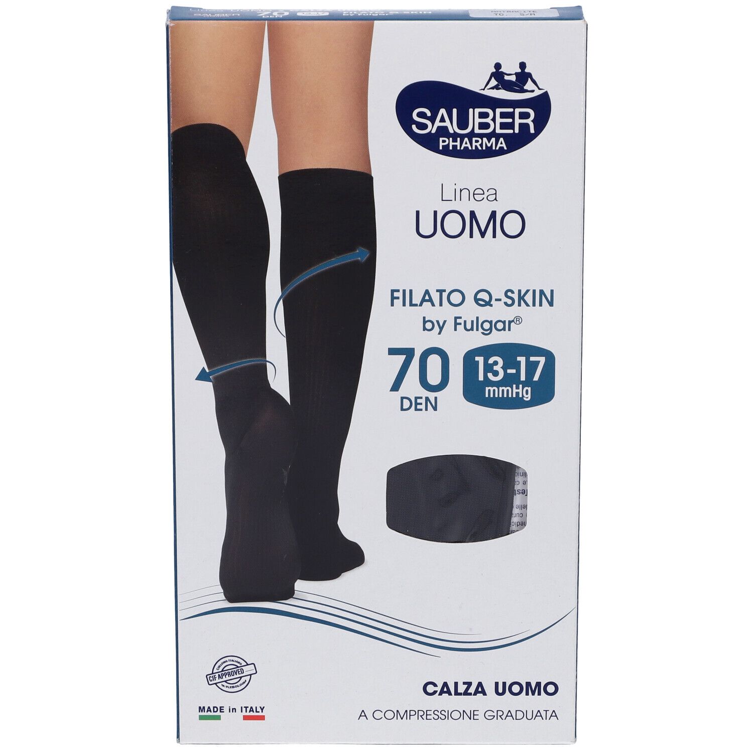 Confezione di calze a compressione. Calze nere, 70 den, Q-Skin by Fulgar. Marchio Sauber Pharma, linea Uomo. Made in Italy.