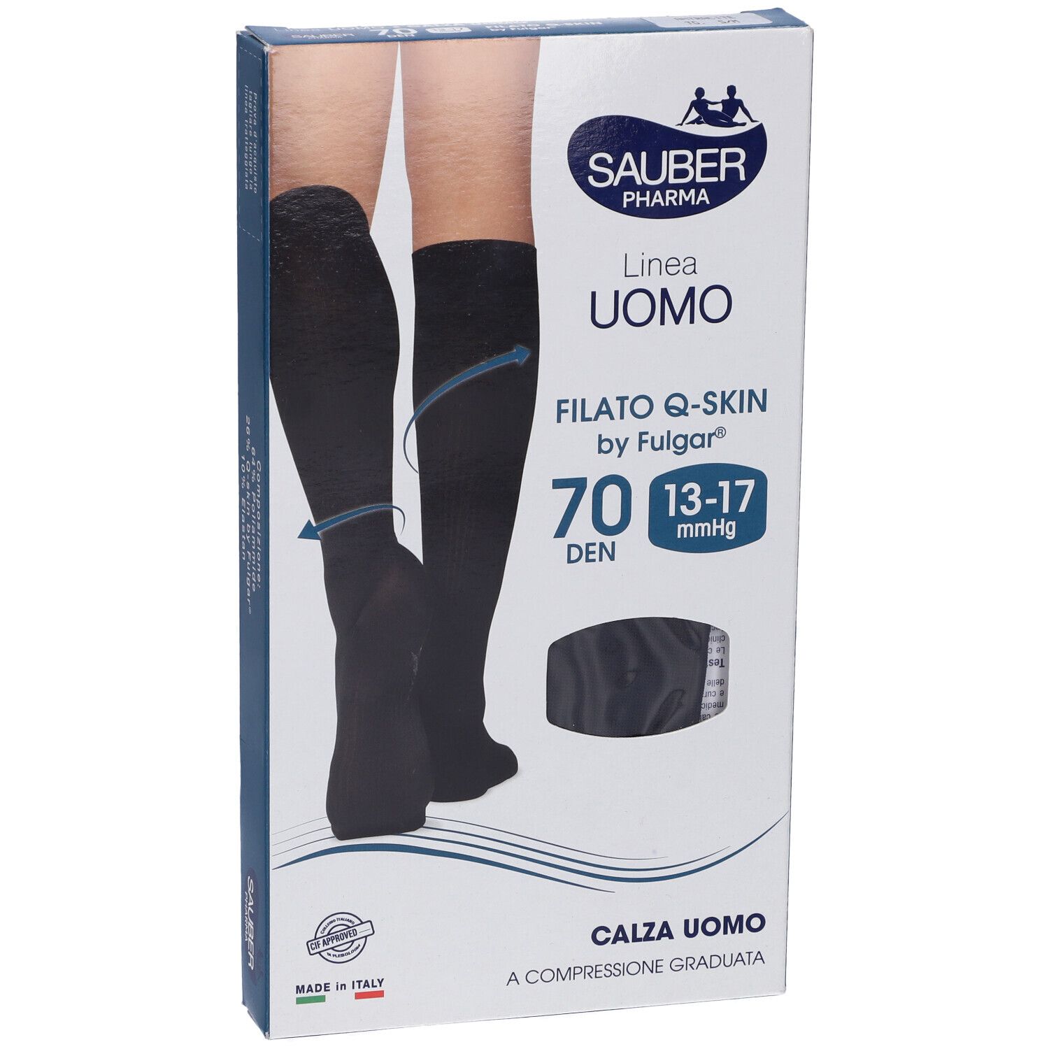 Confezione di calze a compressione. Calze nere, 70 den, Q-Skin by Fulgar. Marchio Sauber Pharma, linea Uomo. Made in Italy.