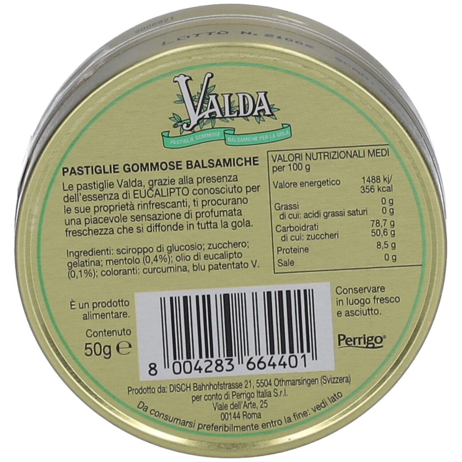 Scatola rotonda con etichetta verde e bianca. Scritta: Valda, Pastiglie Gommose Balsamiche. Coperchio dorato.