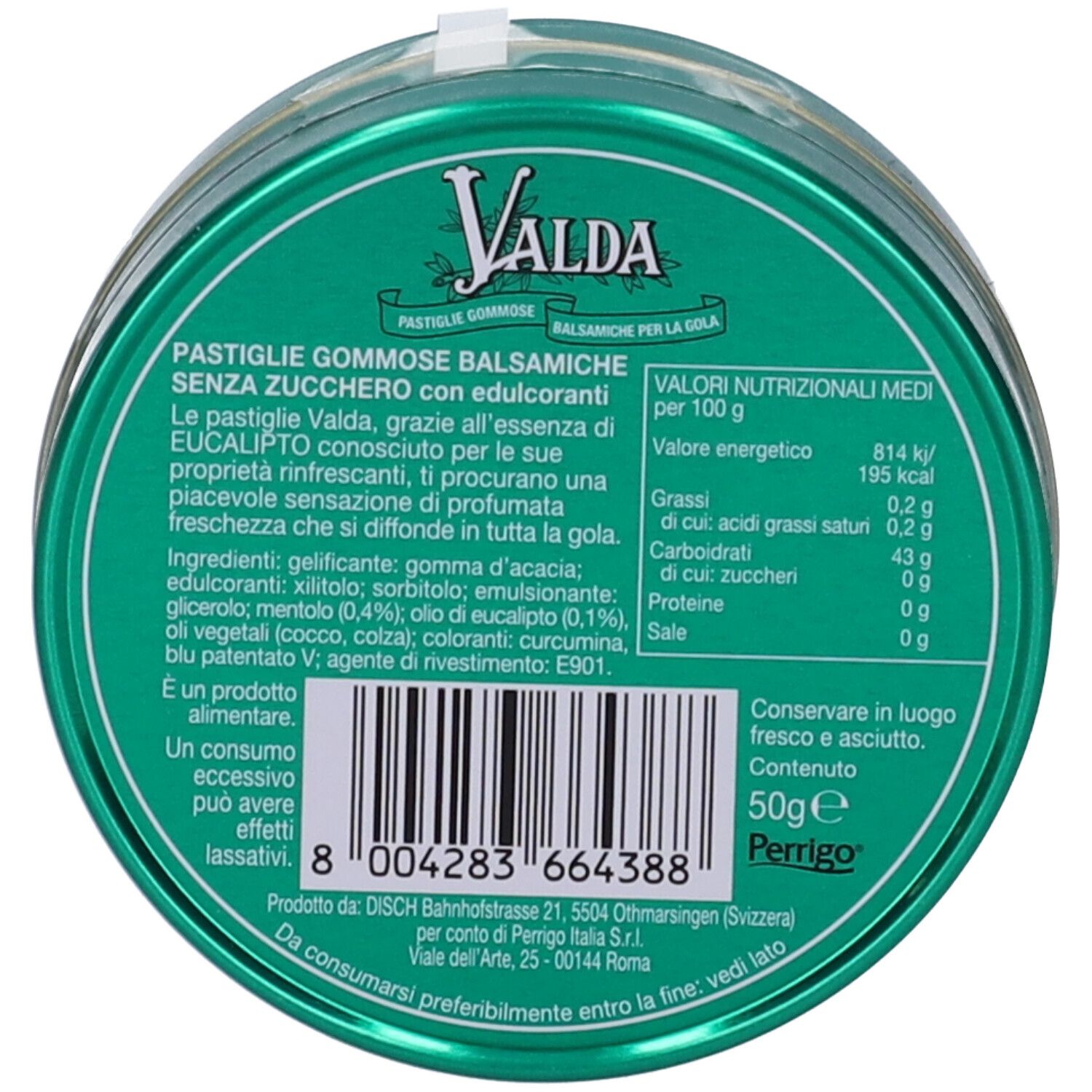 Barattolo verde con testo. Scritta: Valda, Pastiglie Gommose, Balsamiche per la Gola. Elenco ingredienti, valori nutrizionali, 50g, codice a barre.