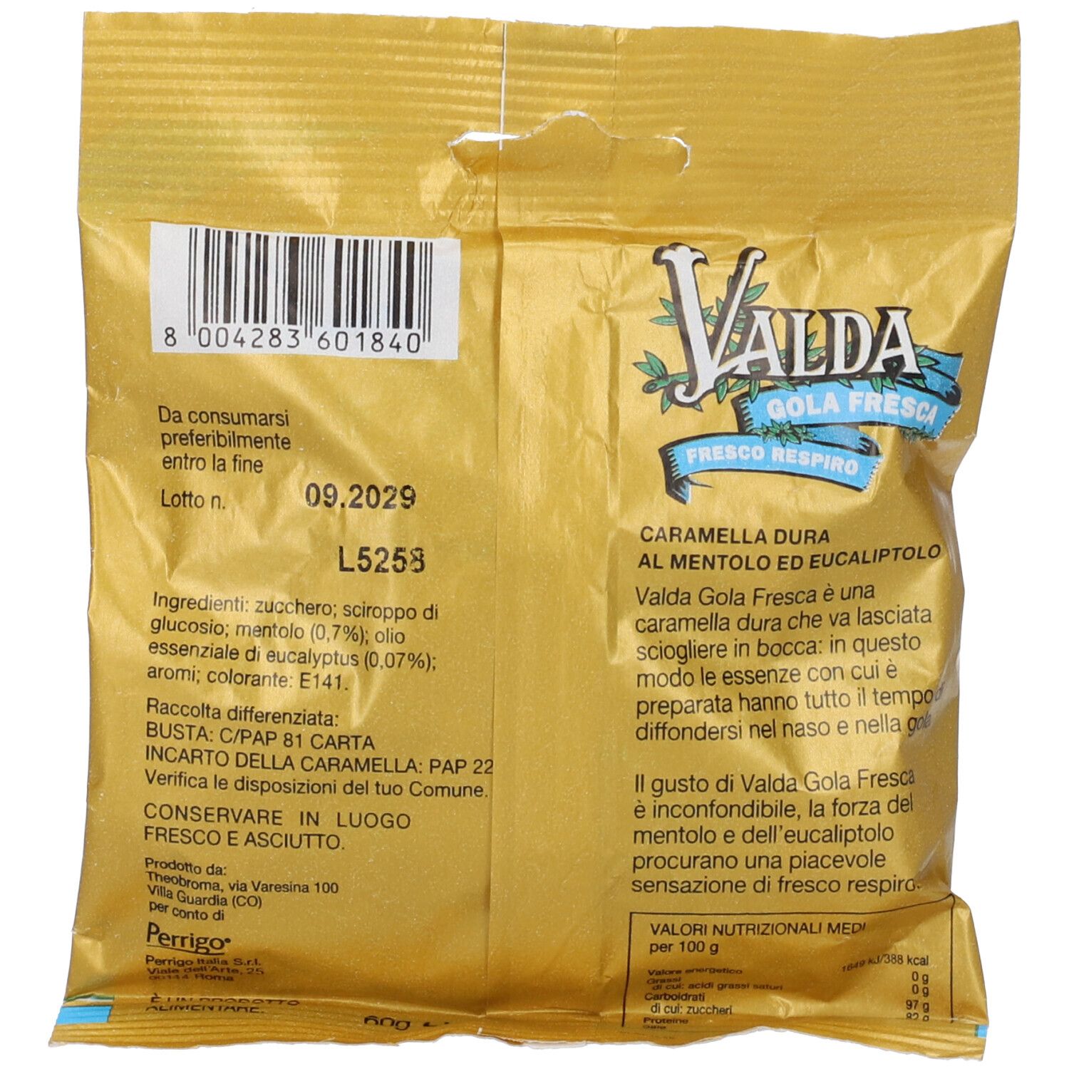 Confezione dorata. Scritta: Valda Gola Fresca. Testo e codice a barre sul retro. Contiene elenco ingredienti.