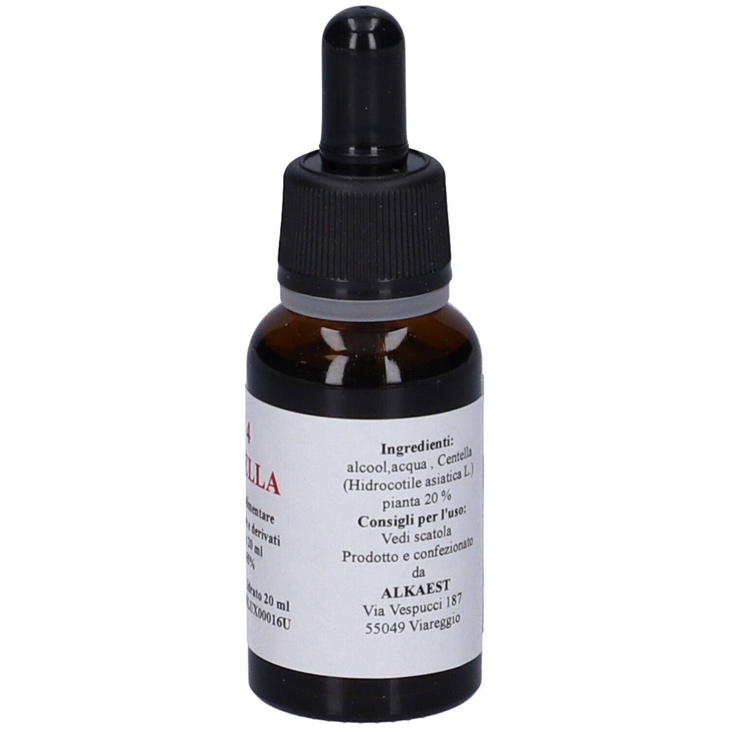 Flacone di vetro marrone con tappo nero e contagocce. Etichetta con testo. Retro con testo.