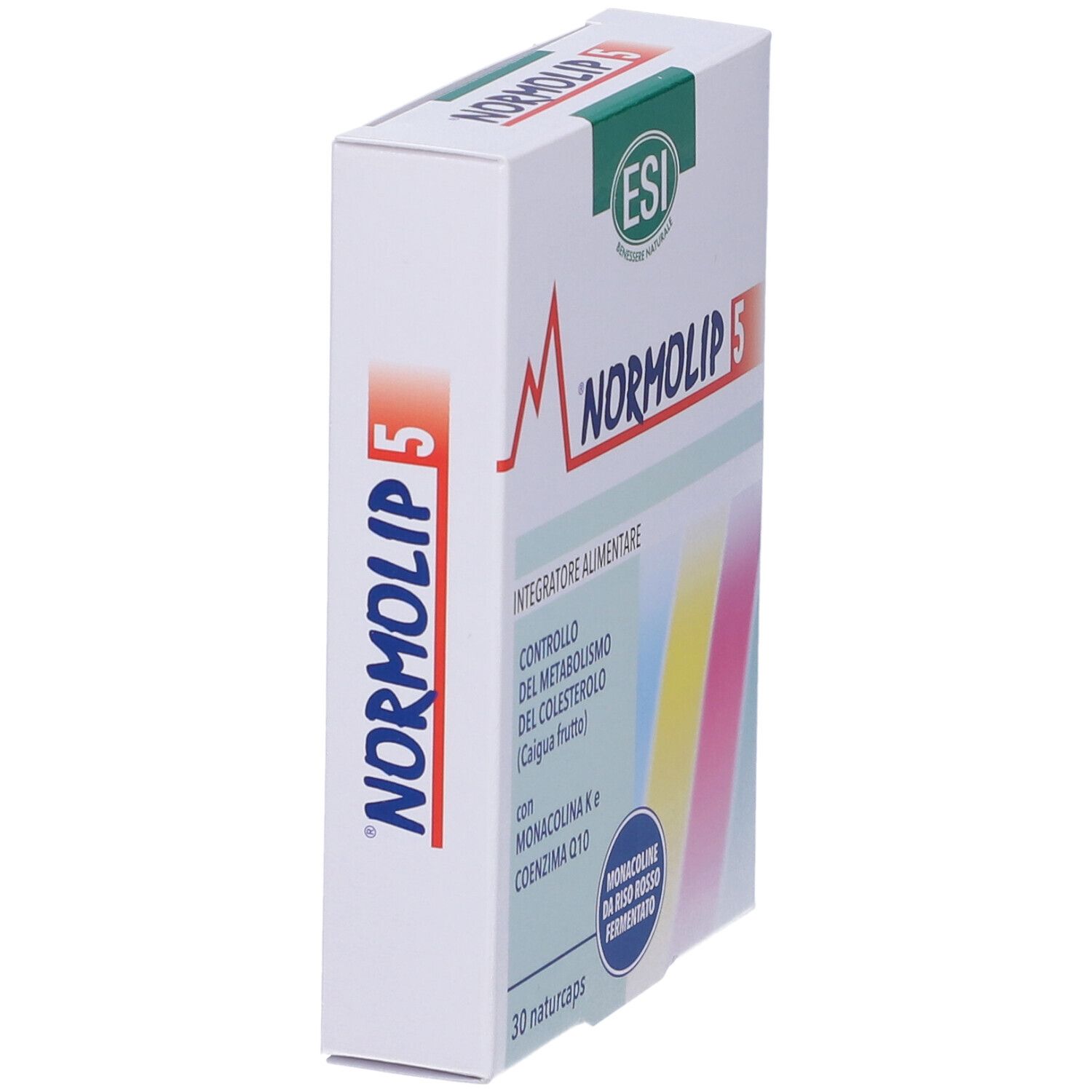 Scatola Normolip 5, vista laterale. Scritto: Normolip 5, ESI, Integratore Alimentare, 30 Naturcaps.