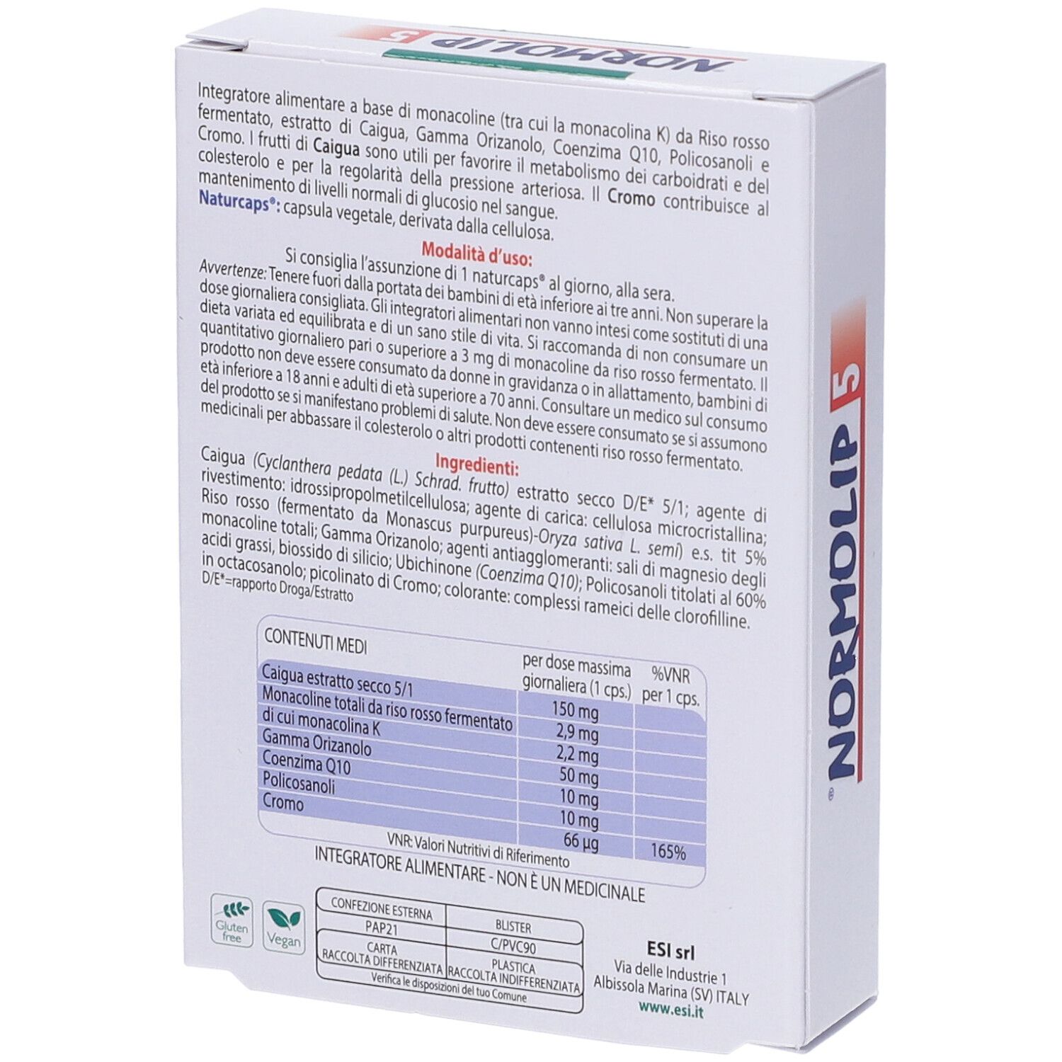 Retro della scatola Normolip 5. Testo: ingredienti, informazioni nutrizionali, logo ESI, 30 Naturcaps.