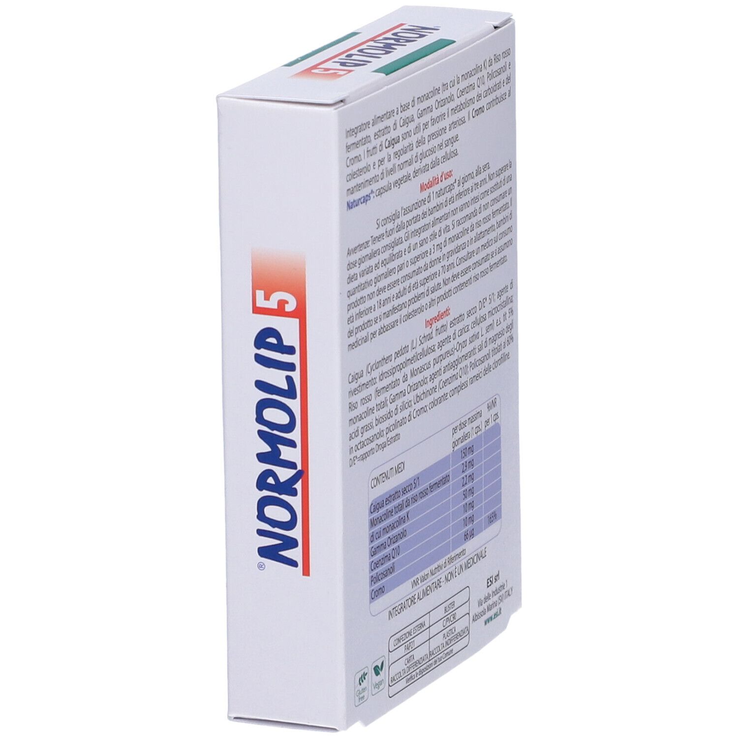 Vista laterale della scatola Normolip 5. Testo: ingredienti, informazioni nutrizionali, logo ESI.