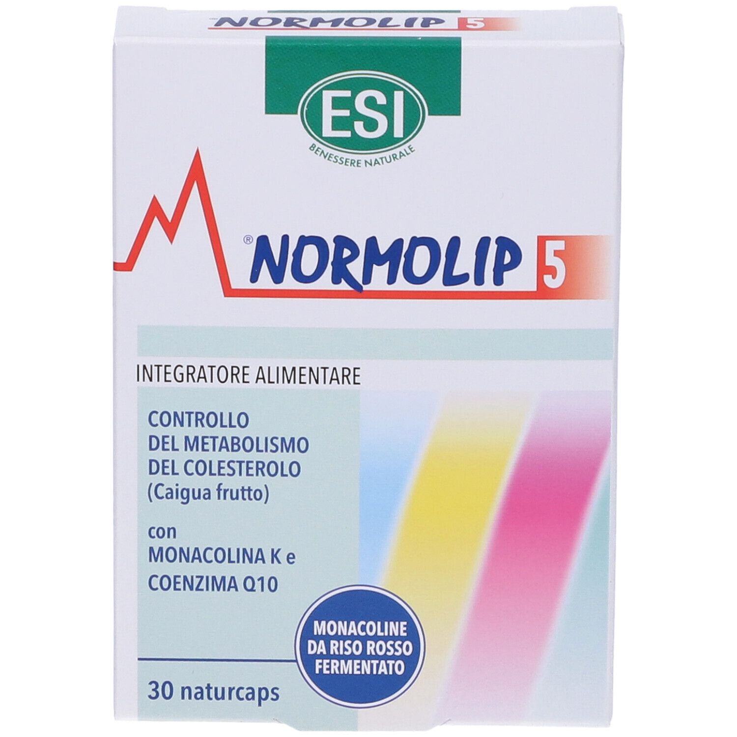 Scatola di Normolip 5. Scritto: ESI, Normolip 5, Integratore Alimentare, 30 Naturcaps.