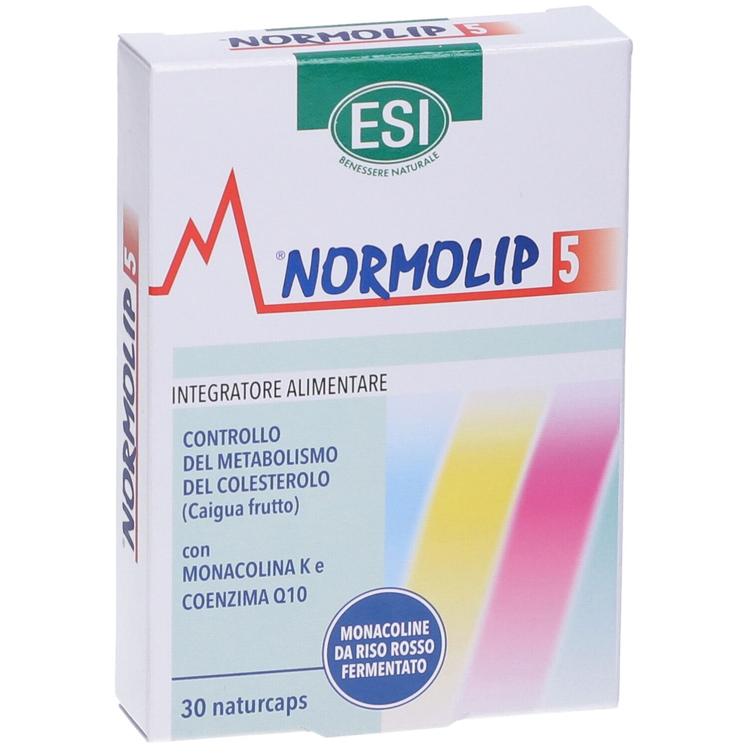 Scatola di Normolip 5. Scritto: ESI, Normolip 5, Integratore Alimentare, 30 Naturcaps.