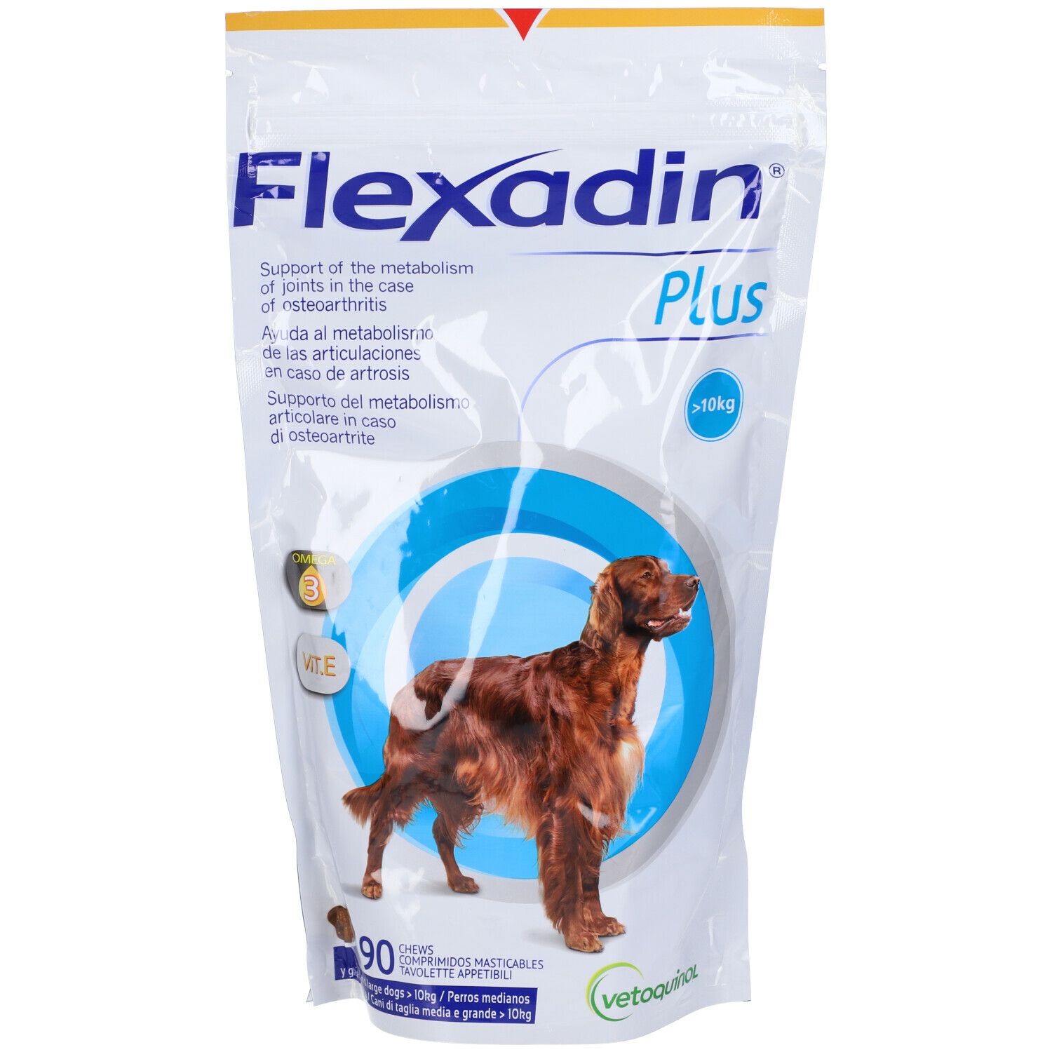 Confezione di Flexadin Plus. Immagine di cane. Scritta e logo. Contiene 90 compresse masticabili. Per cani >10kg.