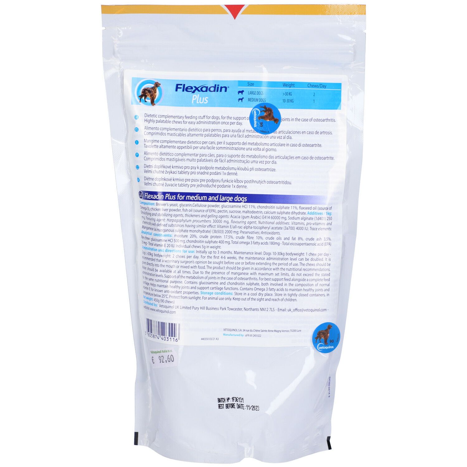 Retro della confezione Flexadin Plus. Testo, logo, codice a barre. Per cani di taglia media e grande.