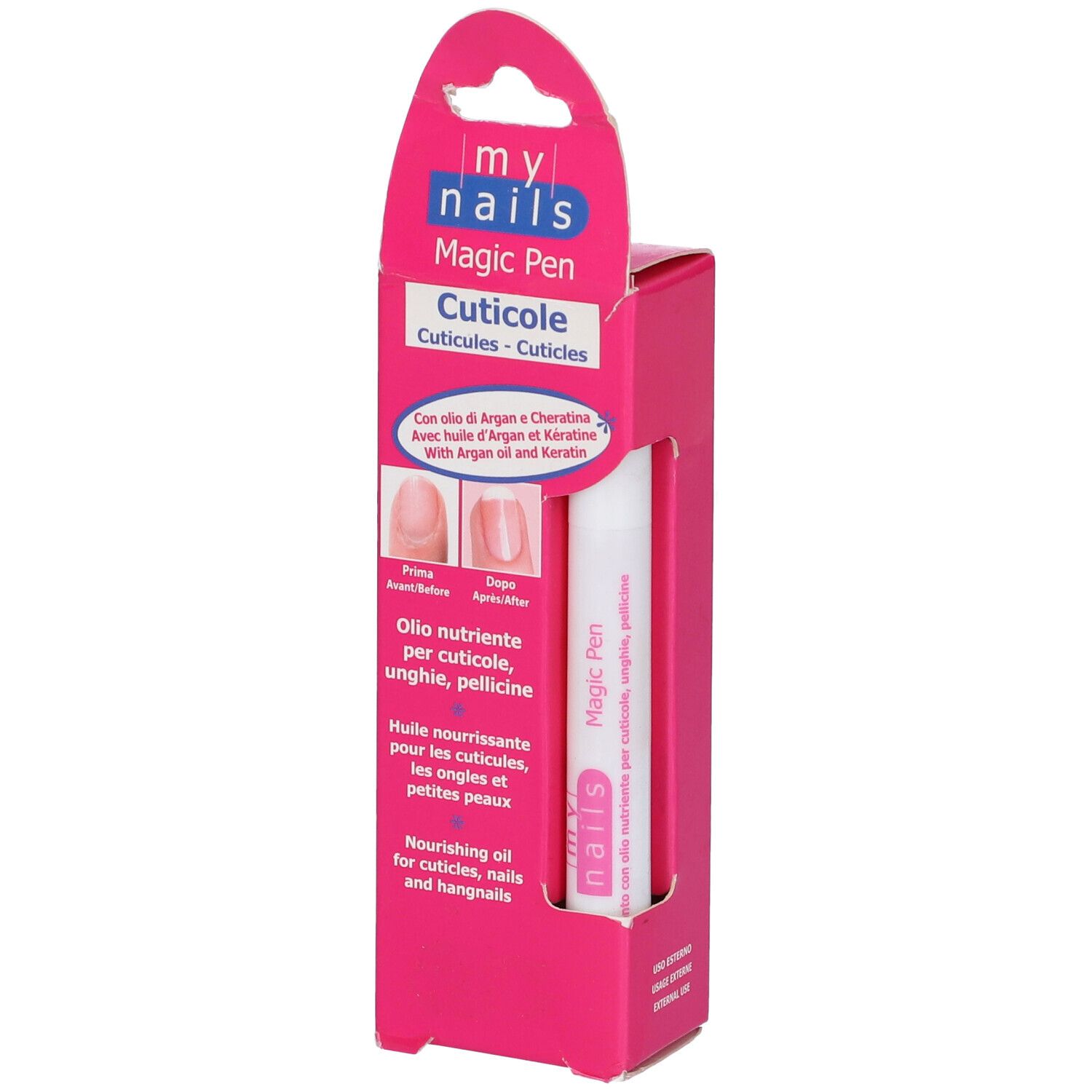 Confezione rosa con penna bianca. Scritta: My Nails, Magic Pen, Cuticole. Immagini prima-dopo.