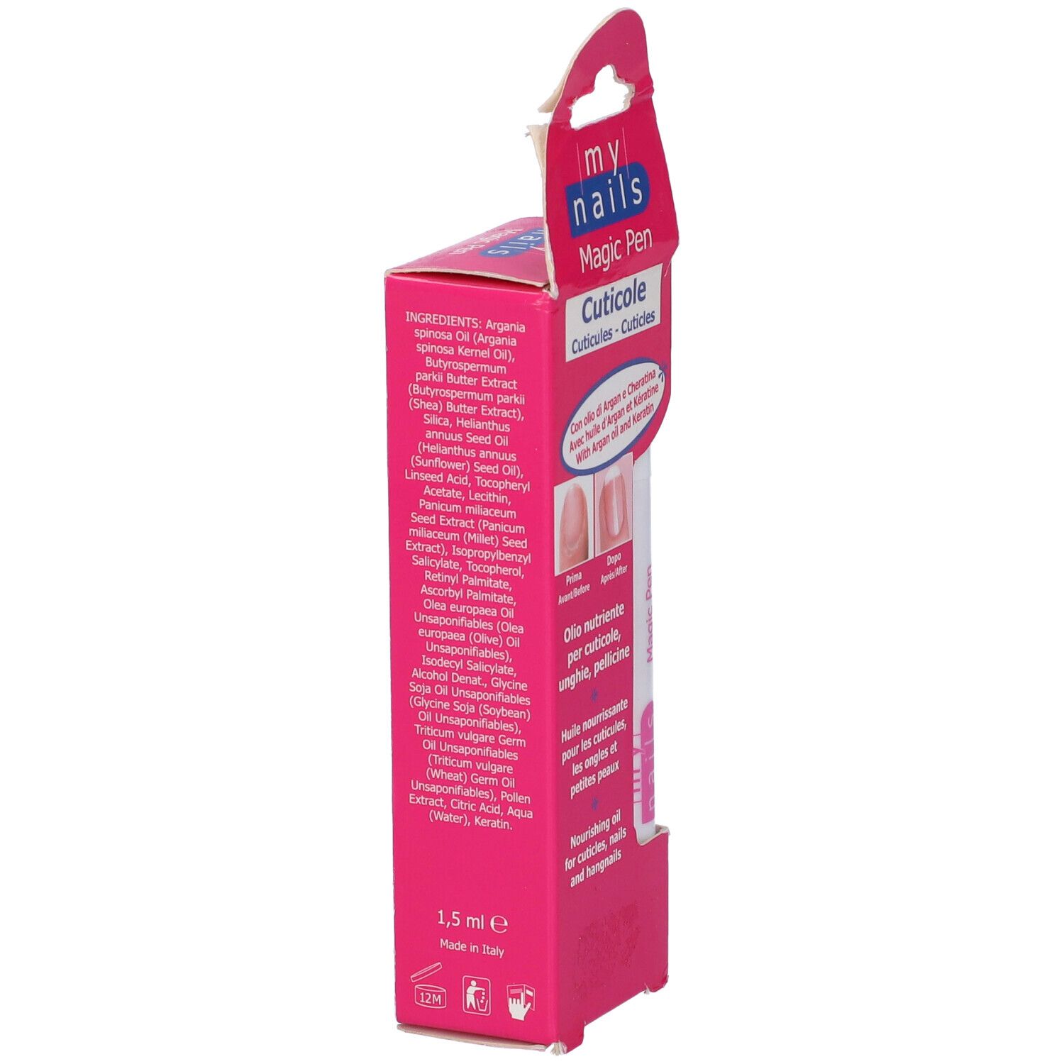 Confezione rosa con penna bianca. Scritta: My Nails, Magic Pen, Cuticole. Elenco ingredienti e 1,5 ml.